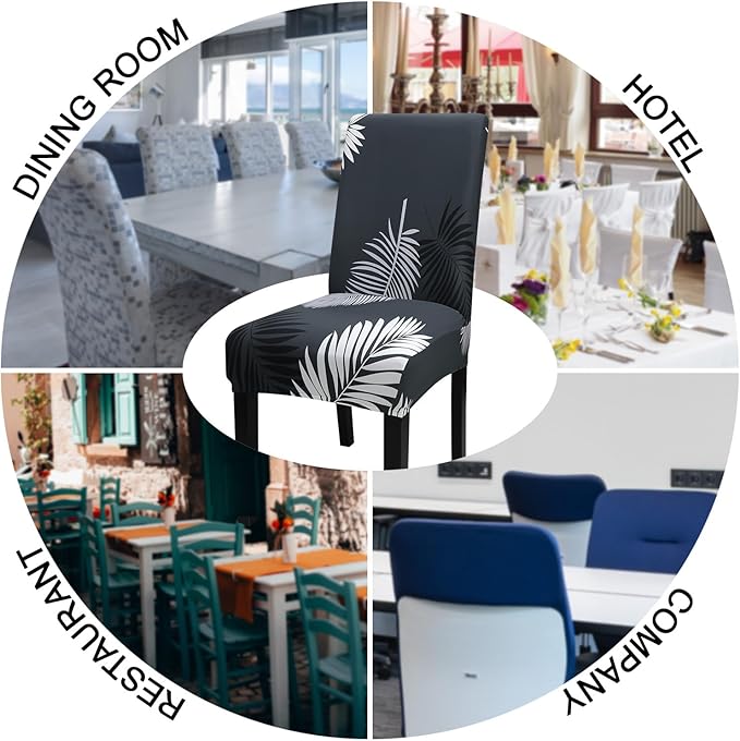 JQinHome Pattern Chair Covers for Dining Room Set of 4, High Stretch Removable Washable Parsons Chair Slipcover for Home Party Hotel Wedding Ceremony (Plume Black,4PCS)