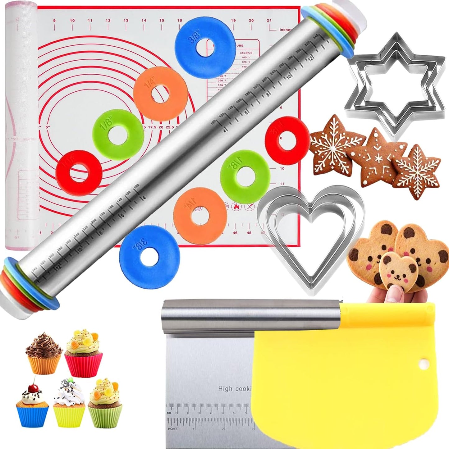 Adjustable Rolling Pin 19 Baking Tool Set and Silicone Baking Pastry Mat Set,Thickness Rings,Stainless Steel Dough Roller Rolling Pins for Baking Dough, Pizza, Pie, Pastrie(Red Mat)