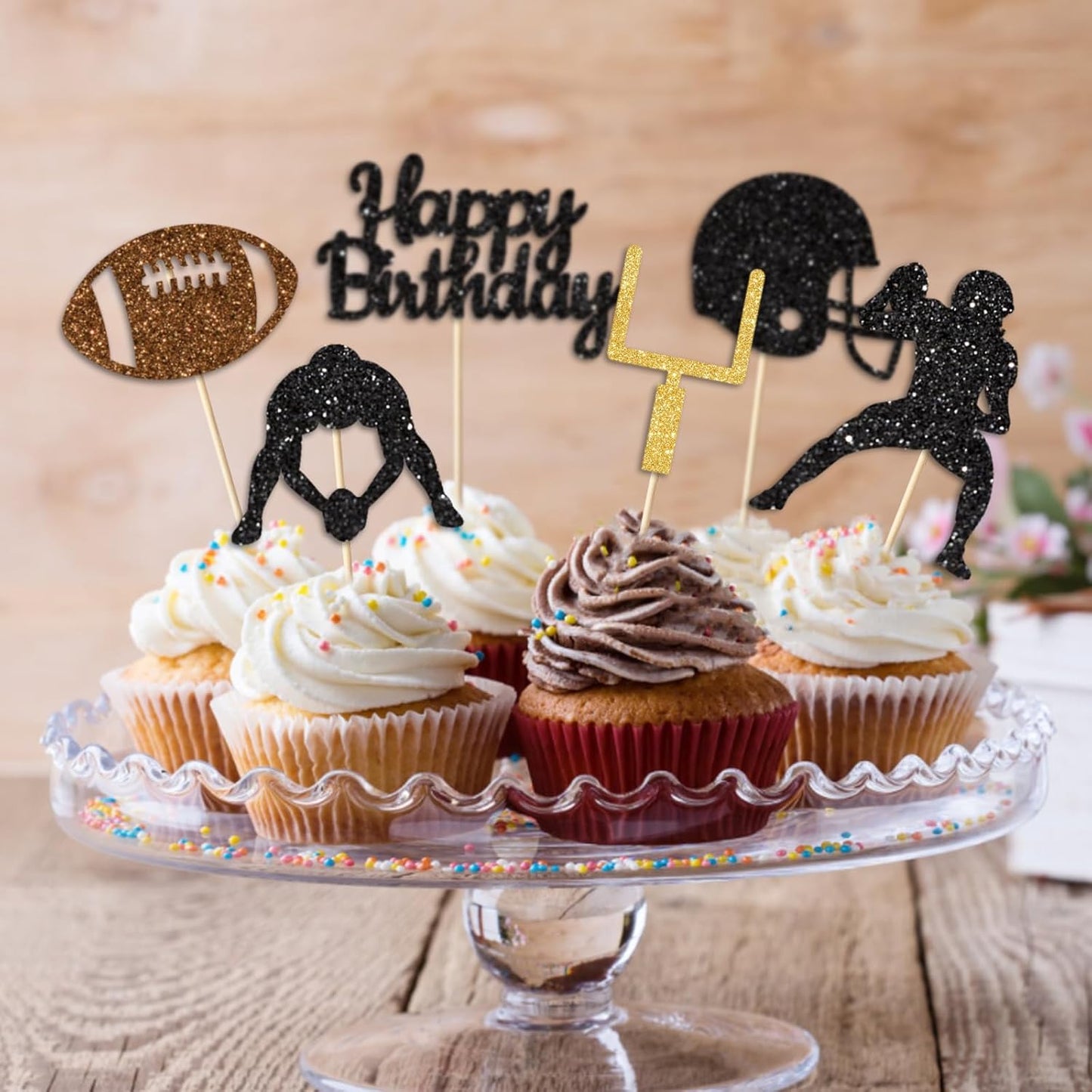 36PC Football Cupcake Toppers for Birthday,Glitter Football Cake Toppers for Boys Birthday,Football Birthday Party Decorations Supplies