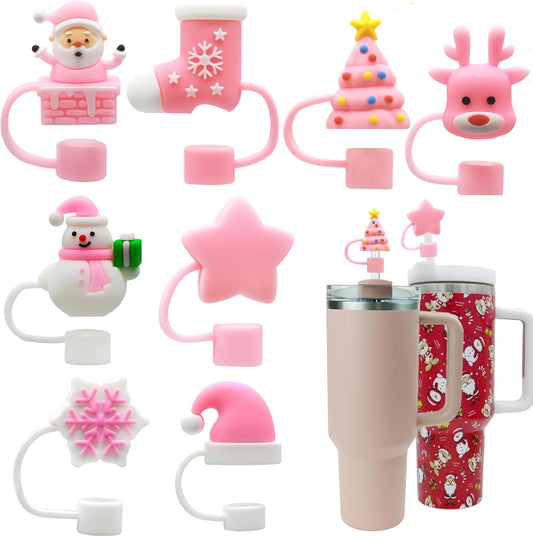 8pcs Christmas Straw Topper for Stanley Cup Accessories Santa Claus Christmas Tree 10mm Silicone Straw Covers Cap for Stanley 30 & 40 Oz Tumbler Christmas Gifts