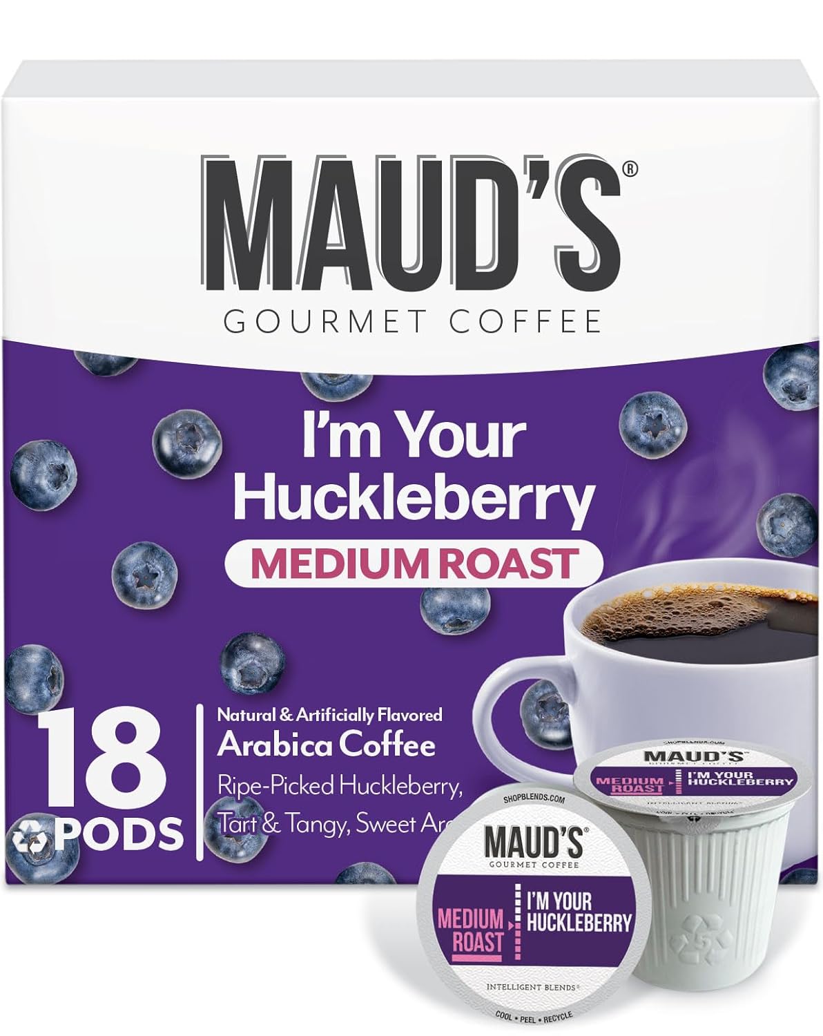 Maud's Huckleberry Flavored Coffee Pods, 18 ct, Medium Roast Flavored Coffee in Recyclable Single Serve Pods – 100% Arabica Beans, Compatible with Keurig K Cups Maker