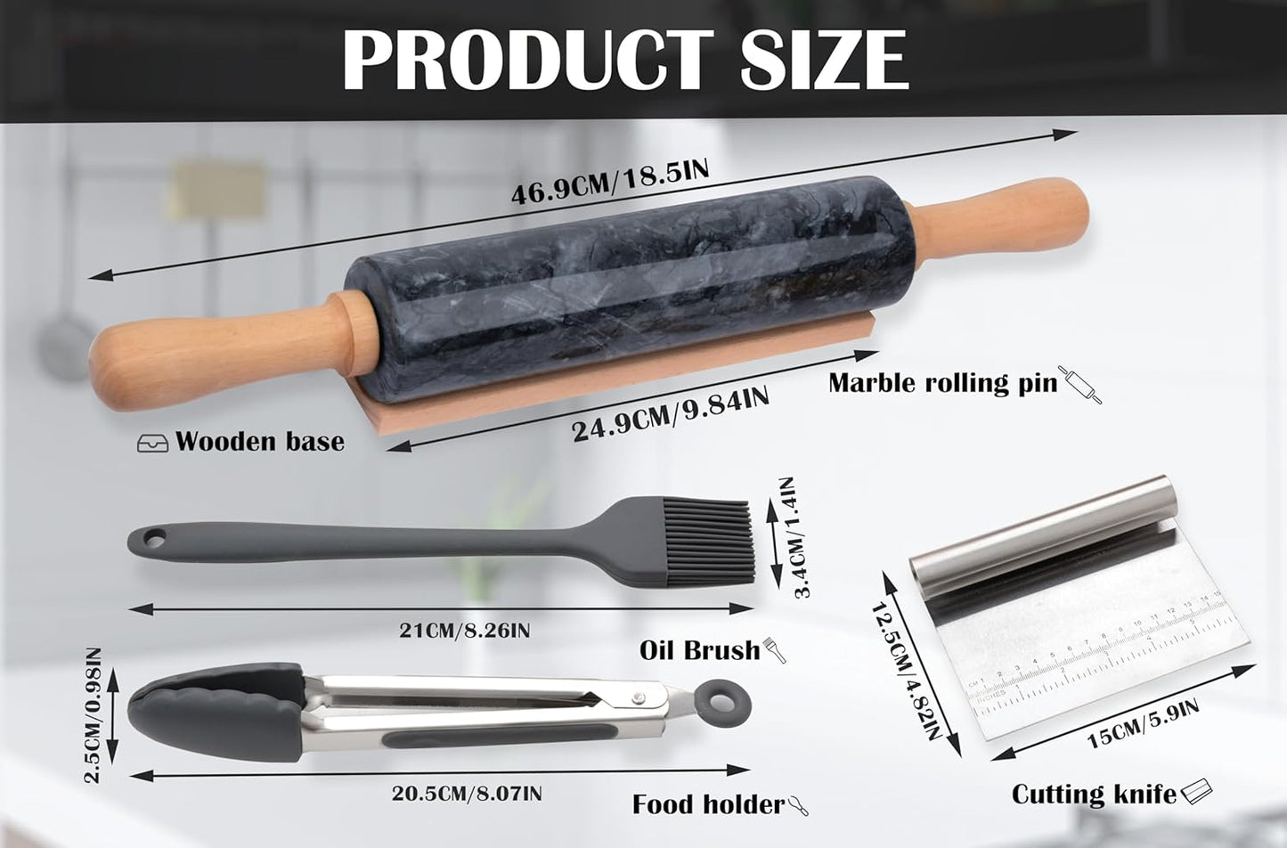 Marble Rolling Pin Set with Silicone Pastry Mat,Pastry Brush,Cooking Tongs,Stainless Steel Scraper18.5 inch Polished Non-Stick Roller for Pizza Dough,Fondant,Pie Crust(Gray Black)