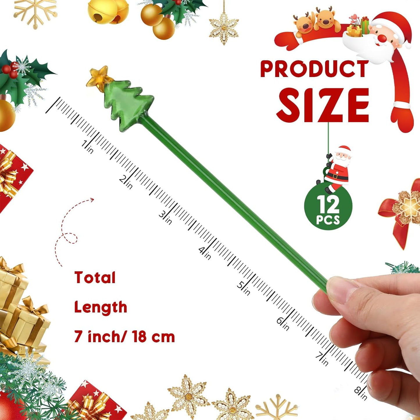 12 Pcs Christmas Glass Drink Stirrers 7 Inch Xmas Stir Sticks Reusable 3D Coffee and Cocktail Stirrers Hot Cocoa Bar Supplies for Holiday Party Favors (Christmas Tree)