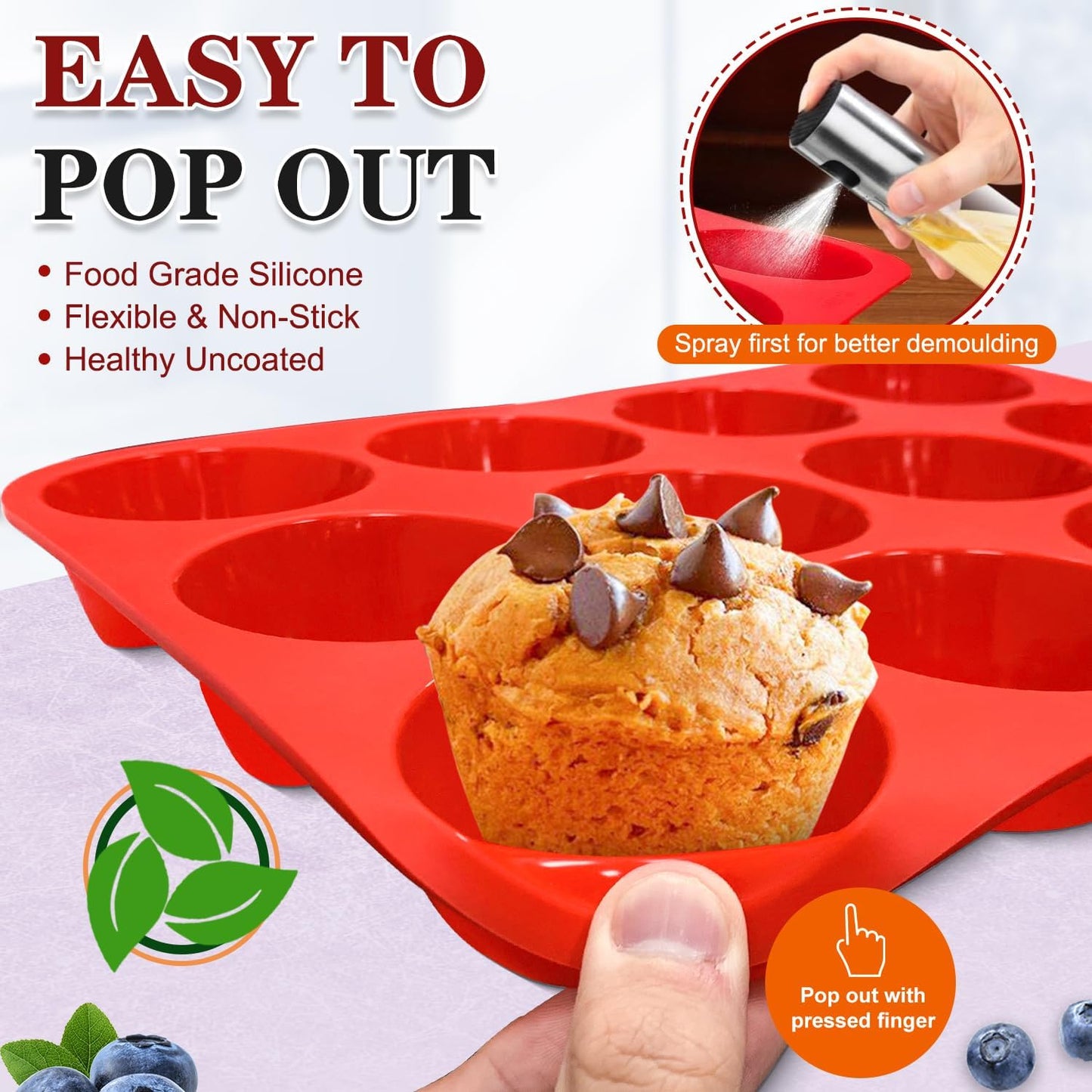 Walfos Muffin Pan Set - 12 Cups Regular Silicone Cupcake Pan, Non-stick and BPA Free, Great for Making Muffin Cakes, Tart, Fat Bombs - Dishwasher Safe, 2-Piece