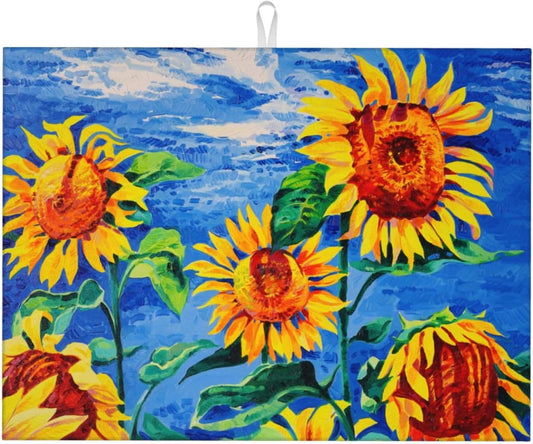 Sunflowers Large Dish Drying Mats For Kitchen Counter, Watercolor Yellow Flower Microfiber Kitchen Drying Mat Draining Pad Absorbent Dish Mat 18"x24" (Sunflowers Under The Blue Sky)