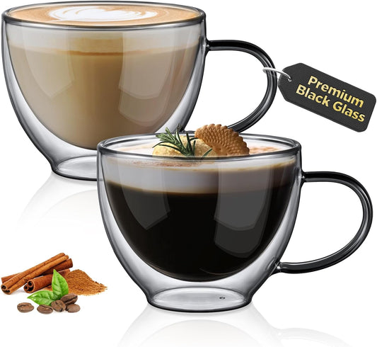 ecooe Black Double Walled Glass Coffee Mug 12 oz Latte Cappuccino Cups Set of 2 Coffee Cups with Handle, Heat Resistant Double Wall Glass Cup for Tea Milk Juice Ice Cream, Birthday Gifts for Mum Dad