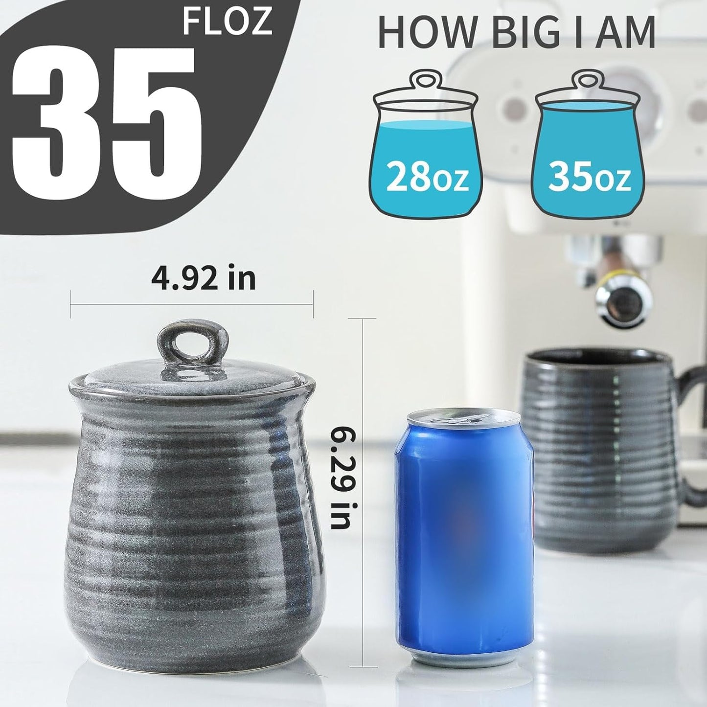 Hasense Food Storage Contaister with Lid, Ceramic Airtight Sugar Canister for Kitchen, Small Coffee Cookie Jar for Grounds Coffee, Beans, Tea, Flour, Cereal, 30 FL OZ(Grey)