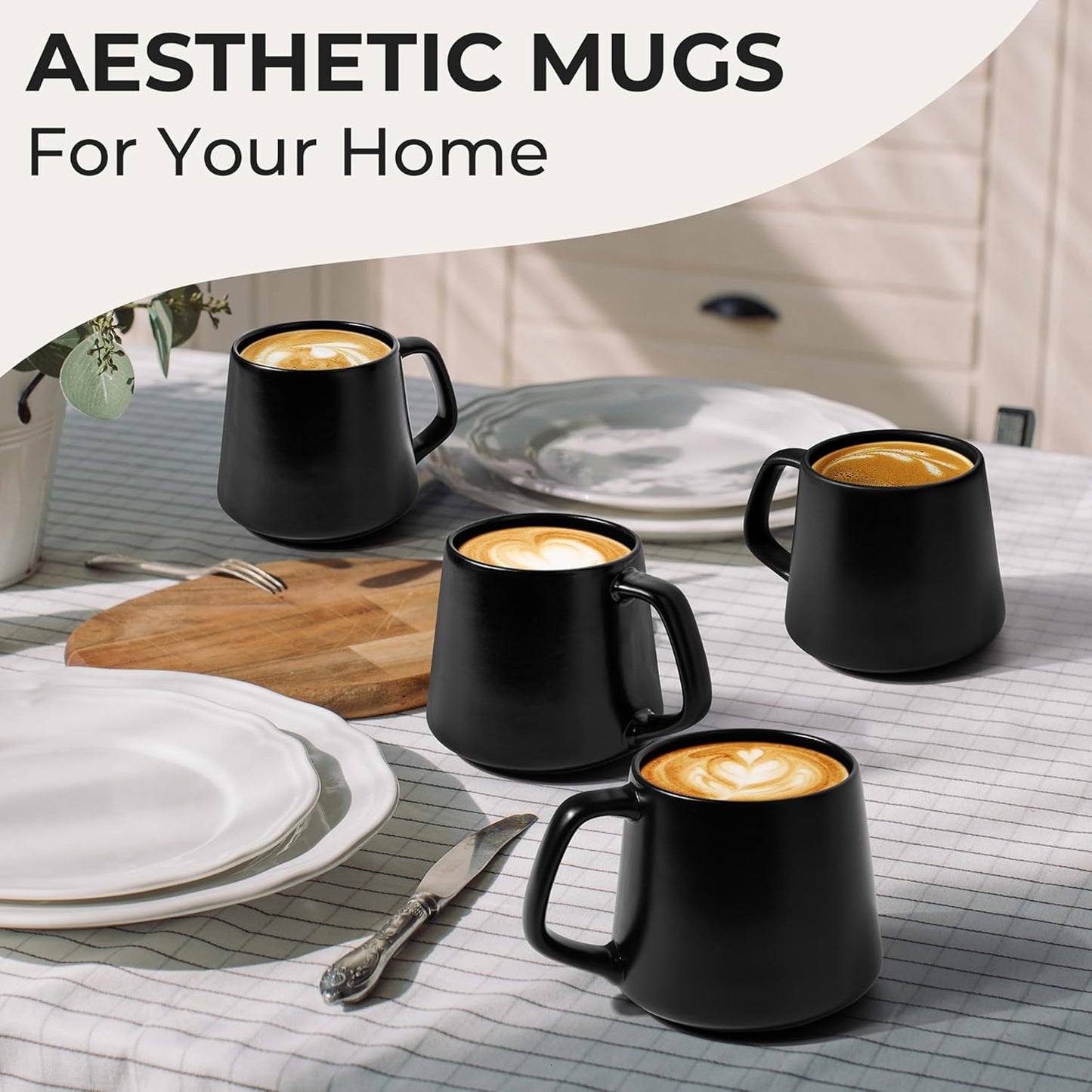 MIAMIO - Coffee Mugs Set of 4 / Large Ceramic Coffee Cups (14 oz) - Mug for Cappuccino, Tea, Espresso - Microwave and Dishwasher Safe - Luxe Collection (Black Series)