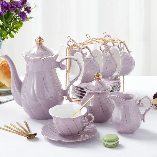 DUJUST 22 pcs Porcelain Tea Set for 6, Luxury British Style Tea/Coffee Cup Set with Golden Trim, Beautiful Tea Set for Women, Tea Party Set, Gift Package (With a Stand) - Purple
