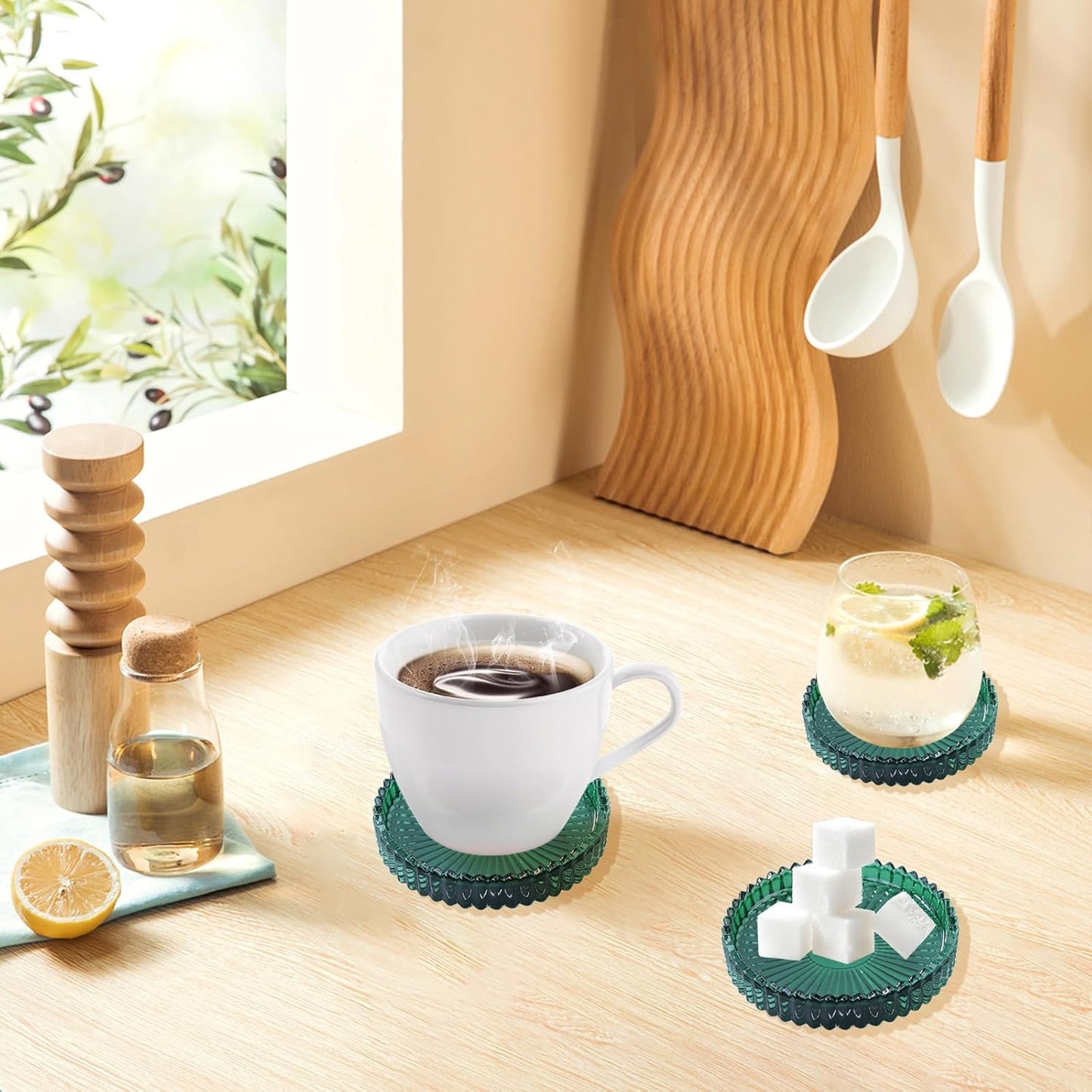 Glass Coaster 6 Pack Round Cup Coasters for Drinks,Crystal Coffee Coaster,Stylish Drink Coasters for Kitchen Bar Dining Room Living Room Office Decor and Jewelry Storage,Green