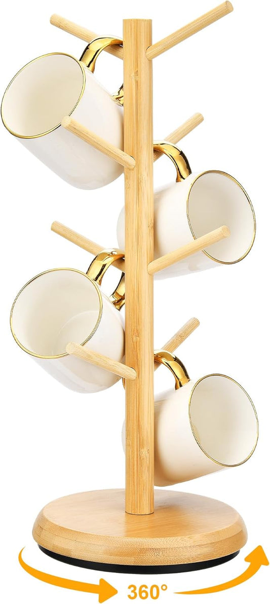 Lorbro Coffee Mug Tree, 360° Rotated Mug Holder with 8 Hooks, Wooden Coffee Cup Holder, Upgraded Mug Rack for Countertop, Coffee Mug Organizer Storage Stand, Coffee Bar Accessories & Kitchen Decor