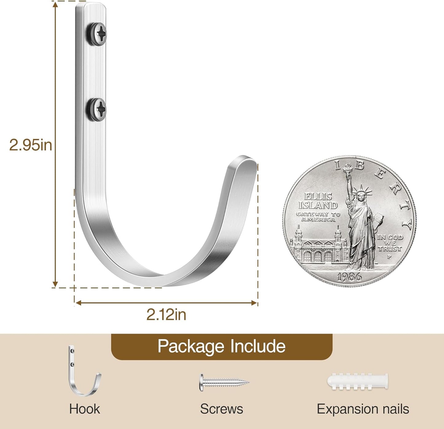 10-Pack Wall Hooks for Hanging Towel/Coat - 22LB Screw in Metal Hanger Wall Mount, for Outdoor, Closet, Door, Bathrooms, for Backpack, Robe, Silver