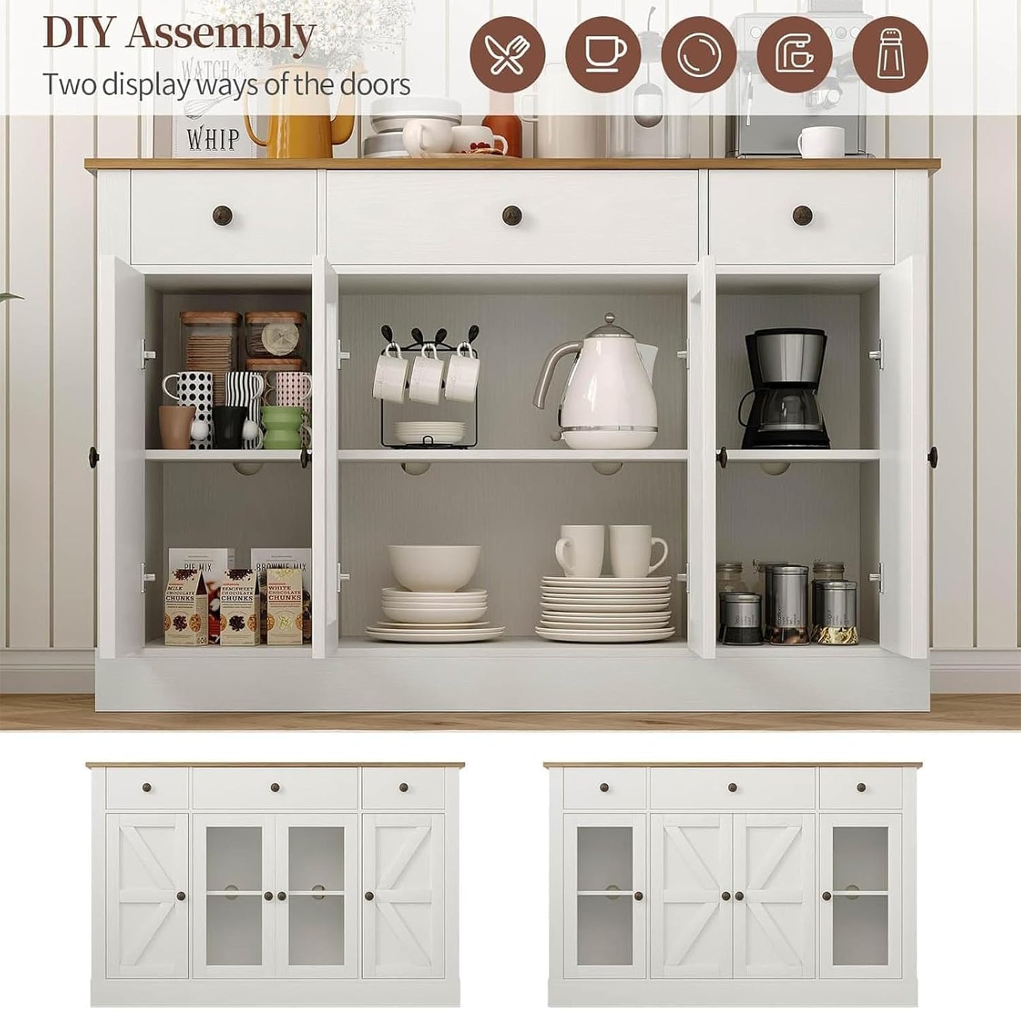 4 EVER WINNER 55" Buffet Cabinet with Storage, Farmhouse Coffee Bar Cabinet with Glass Doors and Drawers, Sideboard Cabinets with Adjustable Shelves for Living Room, Kitchen, White