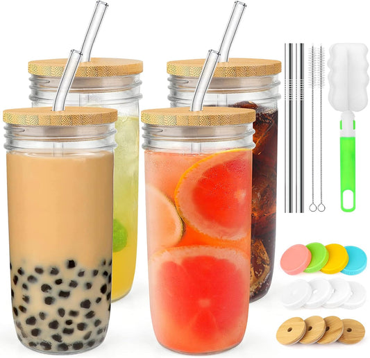 4-Pack 24oz Glass Cups with Lids and Straws - Wide Mouth Mason Jars, 12 Lids (Bamboo/Plastic) & 8 Straws - Reusable Tumblers for Smoothies, Iced Coffee
