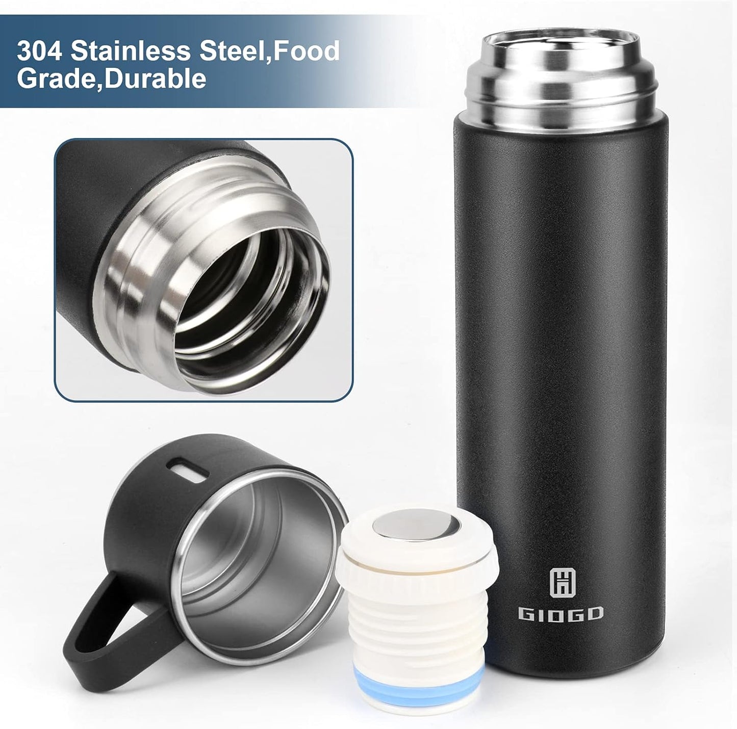Stainless Steel Thermo 500ml/16.9oz Vacuum Insulated Bottle with Cup for Coffee Hot drink and Cold drink water flask.(Black,Single)