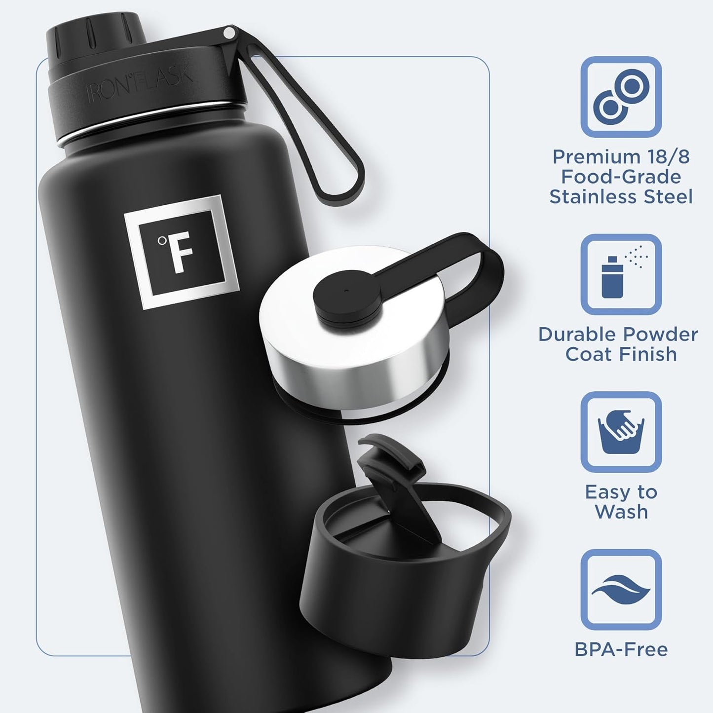 IRON °FLASK Camping & Hiking Hydration Flask with 3 Lids - Stainless Steel, Double Walled & Vacuum Insulated Water Bottle - Leak Proof & BPA Free (Fire, Spout - 32 oz)
