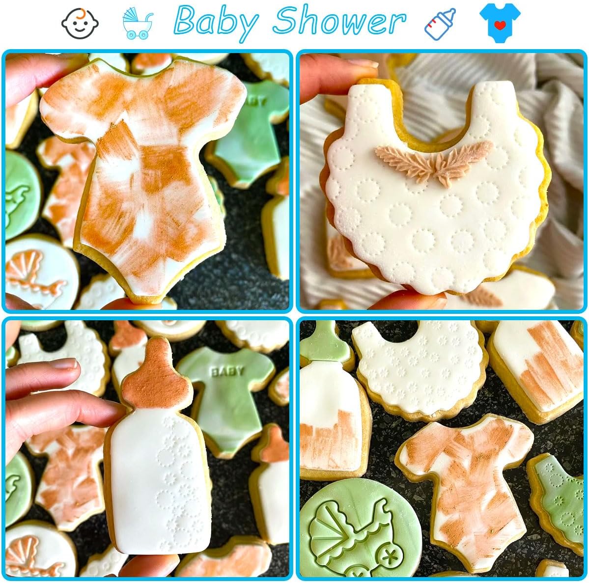 Baby Shower Cookie Cutters 8Pcs, Cute Shapes Baby Carriage Onesies Bottle Bib Clothes Elephant Bear Fondant Cutter, Sturdy Metal Biscuit Cutter Cookie Mold for Baby Shower Baking & Gift