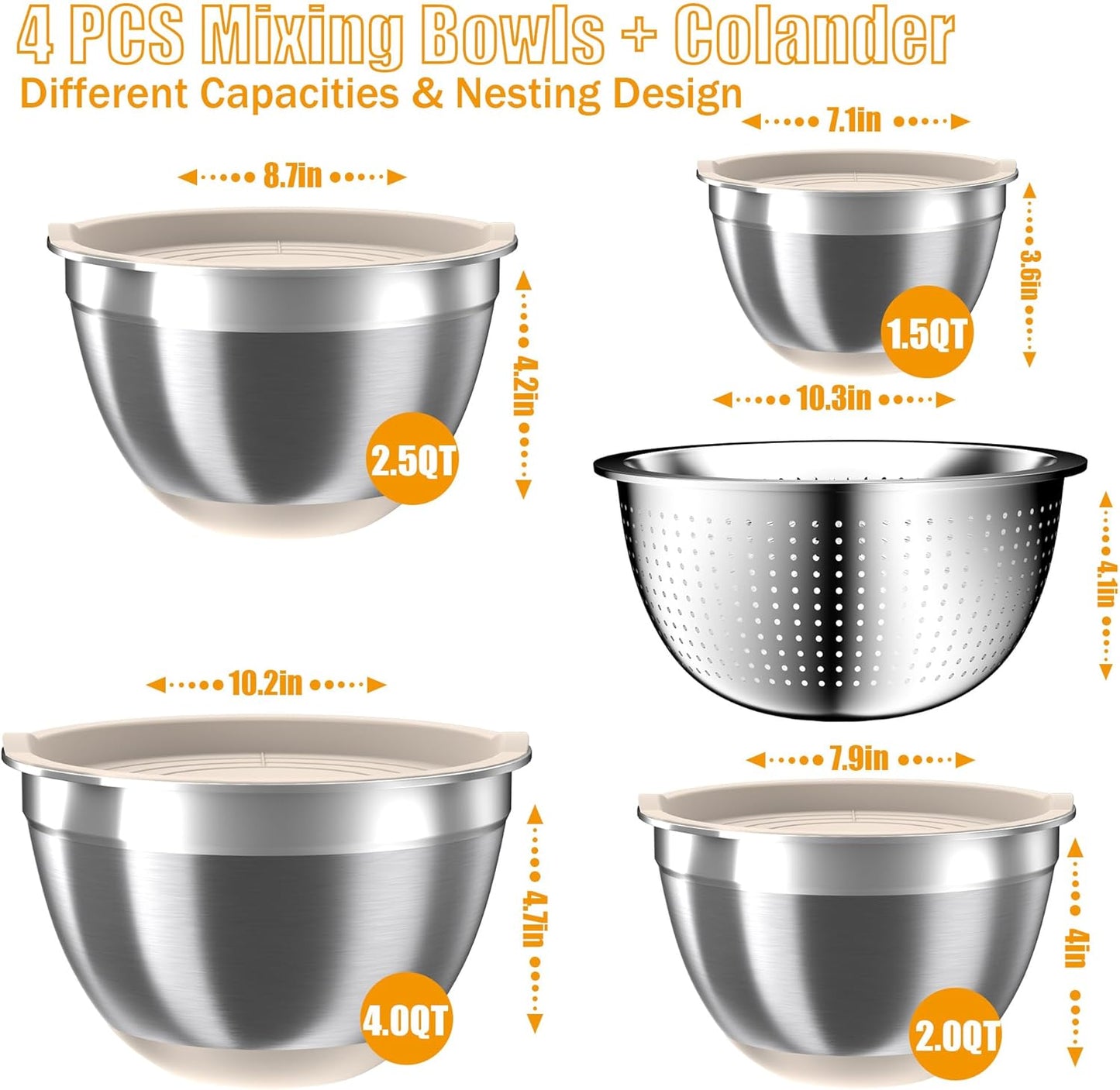 Mixing Bowls with Airtight Lids Set, 4 Stainless Steel Bowls Nesting Bowls & Colander, Kitchen Organizers and Storage Non-Slip Bottom, Size 1.5/2.0/2.5/4.5QT, Great for Mixing & Serving, Khaki