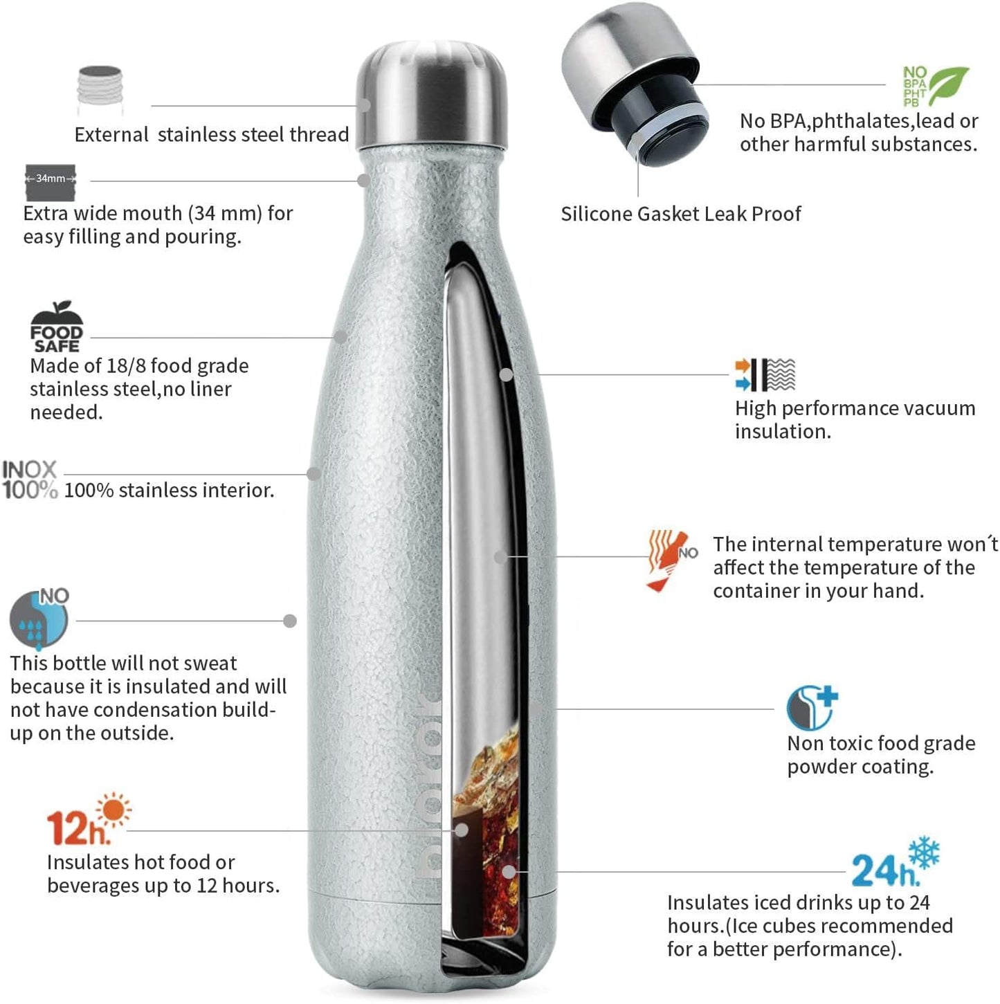 BJPKPK Insulated Water Bottles 17oz, Leak Proof Stainless Steel Water Bottle Keeps Cold for 24H and Hot for 12H, BPA Free,Silver