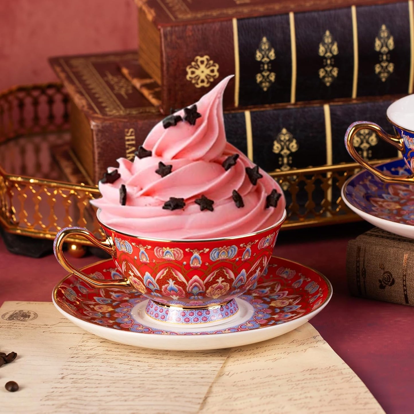 KAMMAK Tea Cups and Saucers Set of 2, Porcelain Coffee Cups with Saucer for Espresso, Cappuccino, 8oz Vintage Red and Blue Ceramic Demitasse Mug for Home, Tea Party, Office