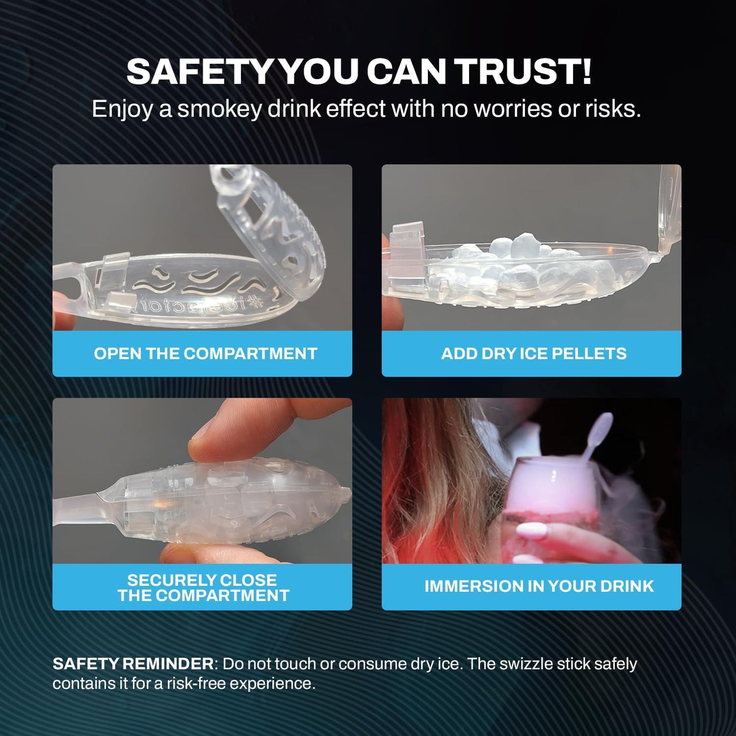 Icicle Cocktail Stirrer, Dry Ice Swizzle Sticks for Smokey Cocktails, Drinks, and Coffee, Glows In The Dark, (Use with Dry Ice), 50 Pack