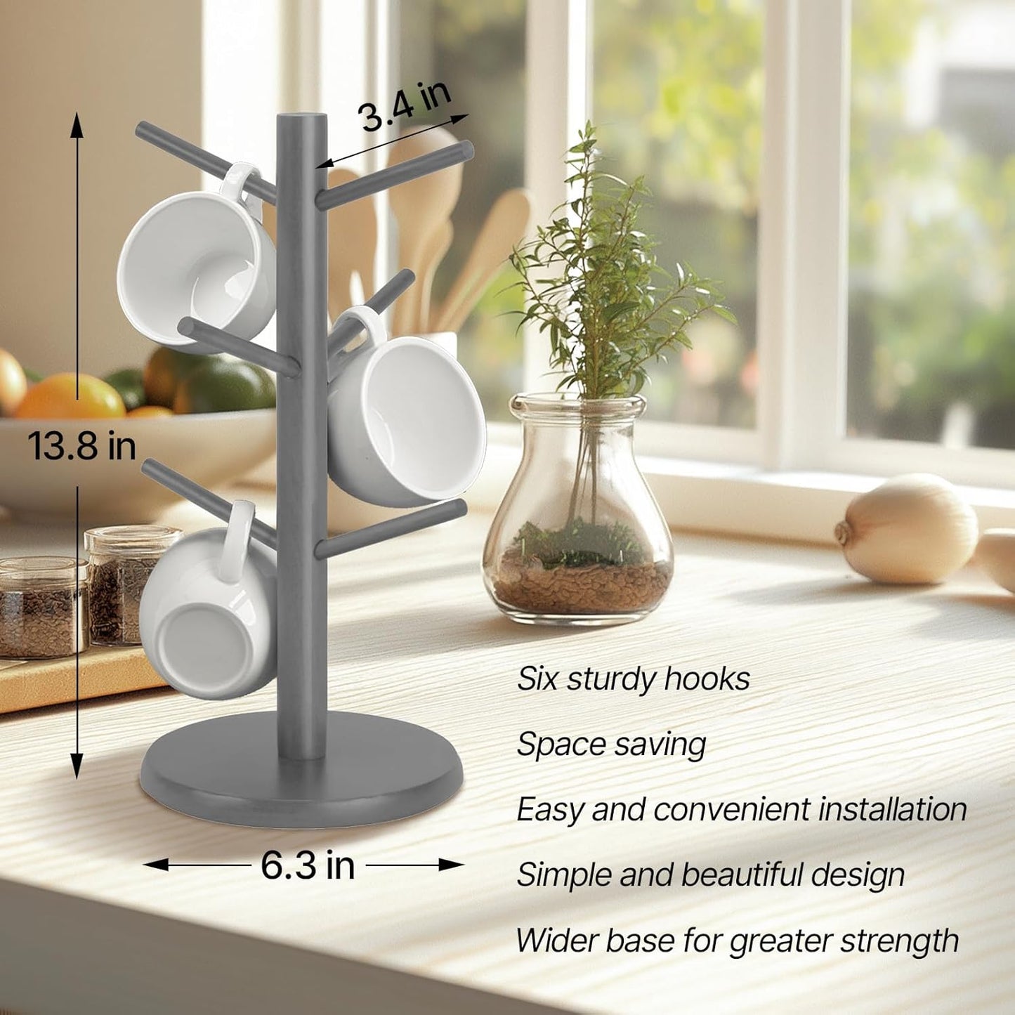 Wooden Mug Holder Tree, Coffee Cup Holder, Mug Organizer with 6 Hooks (Gray)