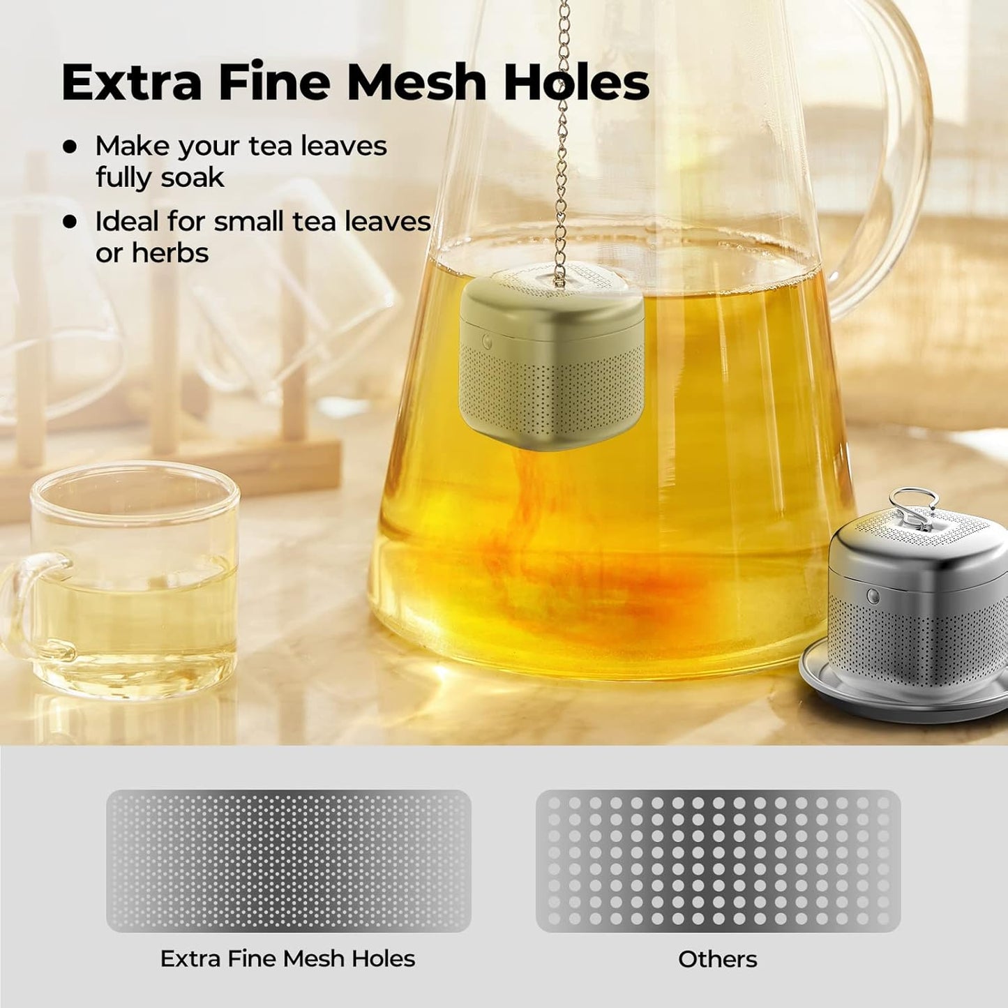 Reinmoson 2 Pack Tea Balls for Loose Tea, 304 Stainless Steel Extra Fine Mesh Tea Infusers for Loose Tea, Retractable Chain Design Tea Strainers for Loose Leaf Tea Single Cup, Come with 2 Drip Trays