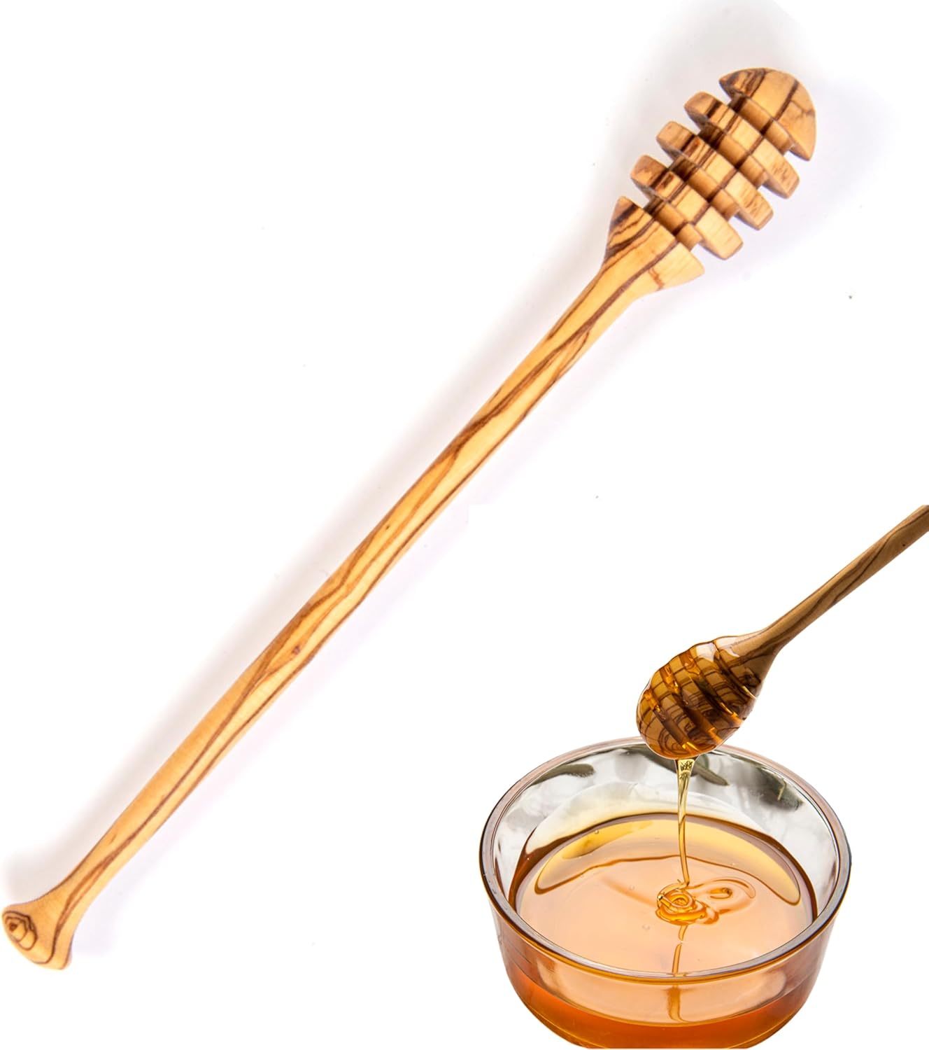 Olive Wood Honey Dipper/Honey Spoon/Honey Server/Honey Stick – 7.1 Inch Handmade Thin Wooden Drizzler