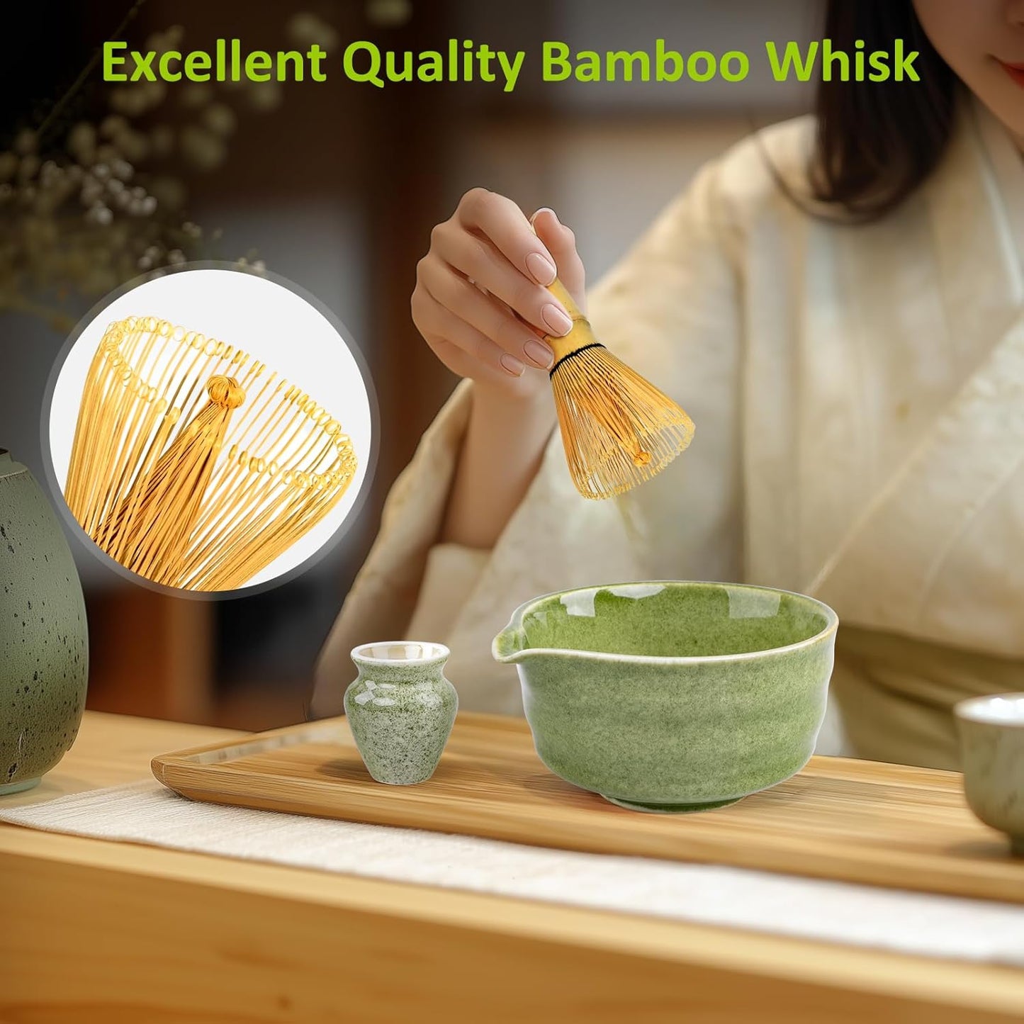 Matcha Set, 9 Pcs Japanese Matcha Whisk Set Matcha Tea Set for Traditional Tea Ceremony, Ceramic Matcha Kit for Matcha Drinks Matcha Set Whisk and Bowl Gift for Starters & Matcha Lover, Green