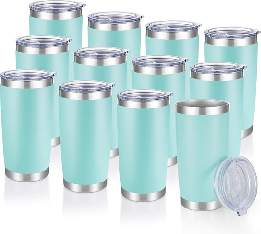 20 oz Tumblers Bulk Stainless Steel Tumbler with Lid Double Wall Vacuum Insulated Coffee Mug 20oz Powder Coated Cup for Hot and Cold Drinks, Turquoise, 12 pack