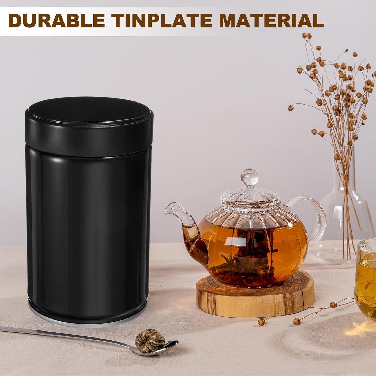 uxcell 2Pcs Round Tea Canisters, 5" x 3" Airtight Metal Tea Containers for Loose Tea, Coffee Beans, Spices - Durable, Compact, and Stylish Storage Tea Tin (Black)