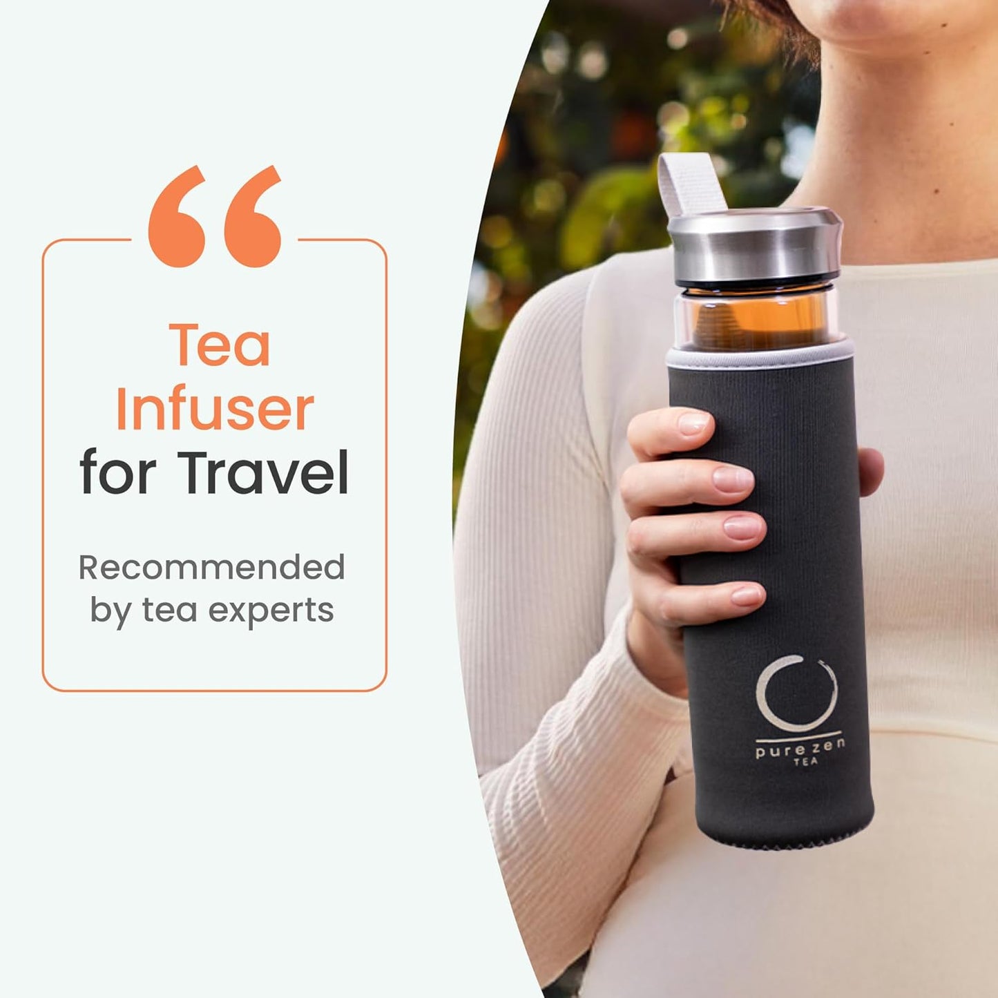 Pure Zen Tea Tumbler with Infuser - Double Wall Glass Travel Mug with Stainless Steel Filter - Leakproof Tea Infuser Bottle for Loose Leaf Infusions and Fruit Infused Water - Unique Gift Set - 13 oz