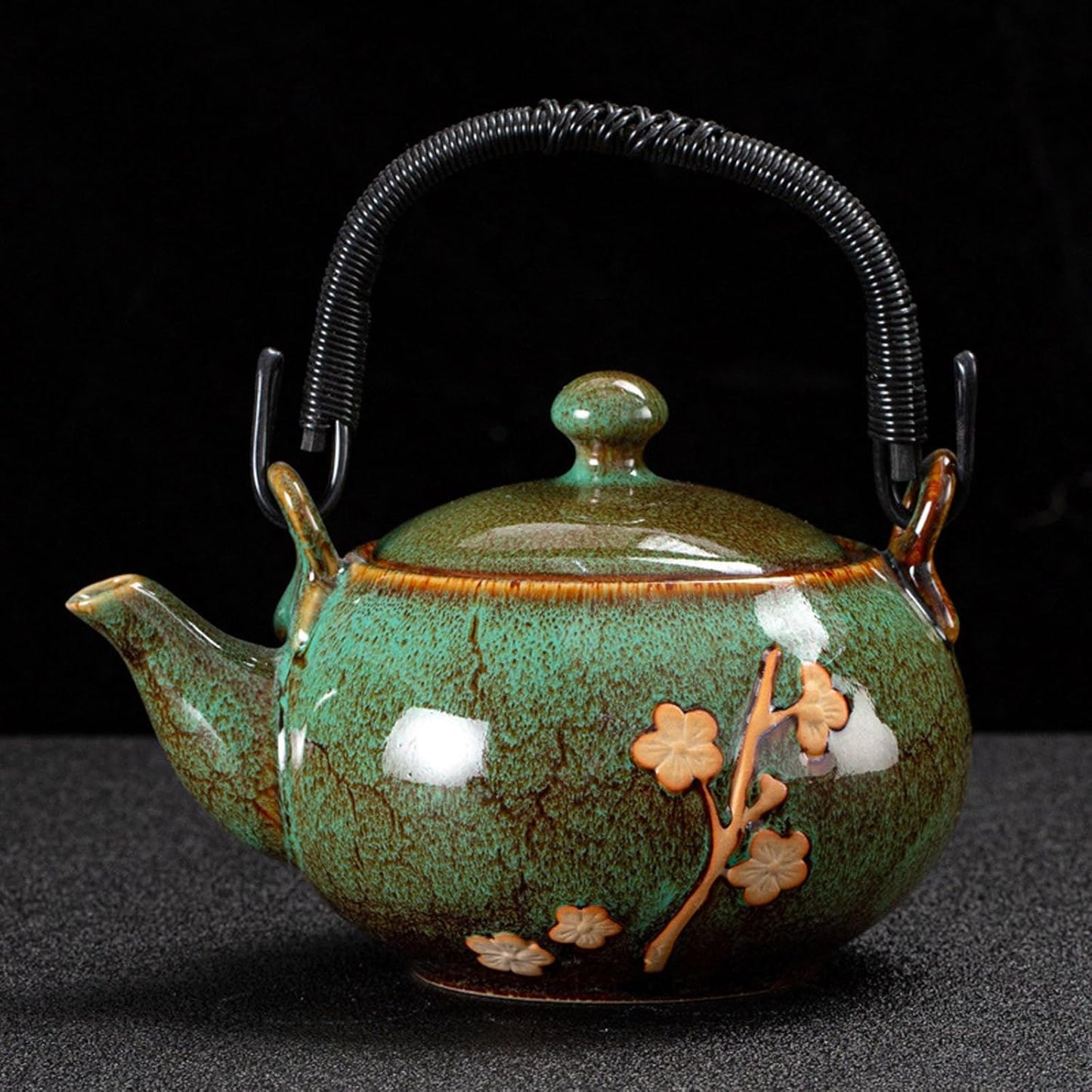 KEYDUACU Japanese Tea Set, Kiln-Formed Ceramic Tea Set, Plum Blossom Embossed, Includes 1 Teapot, 6 Teacups,Tea Tray,Strainer, Used for home, outdoor, gift, Chinese Kung Fu Tea Set(FDMH-GREEN)