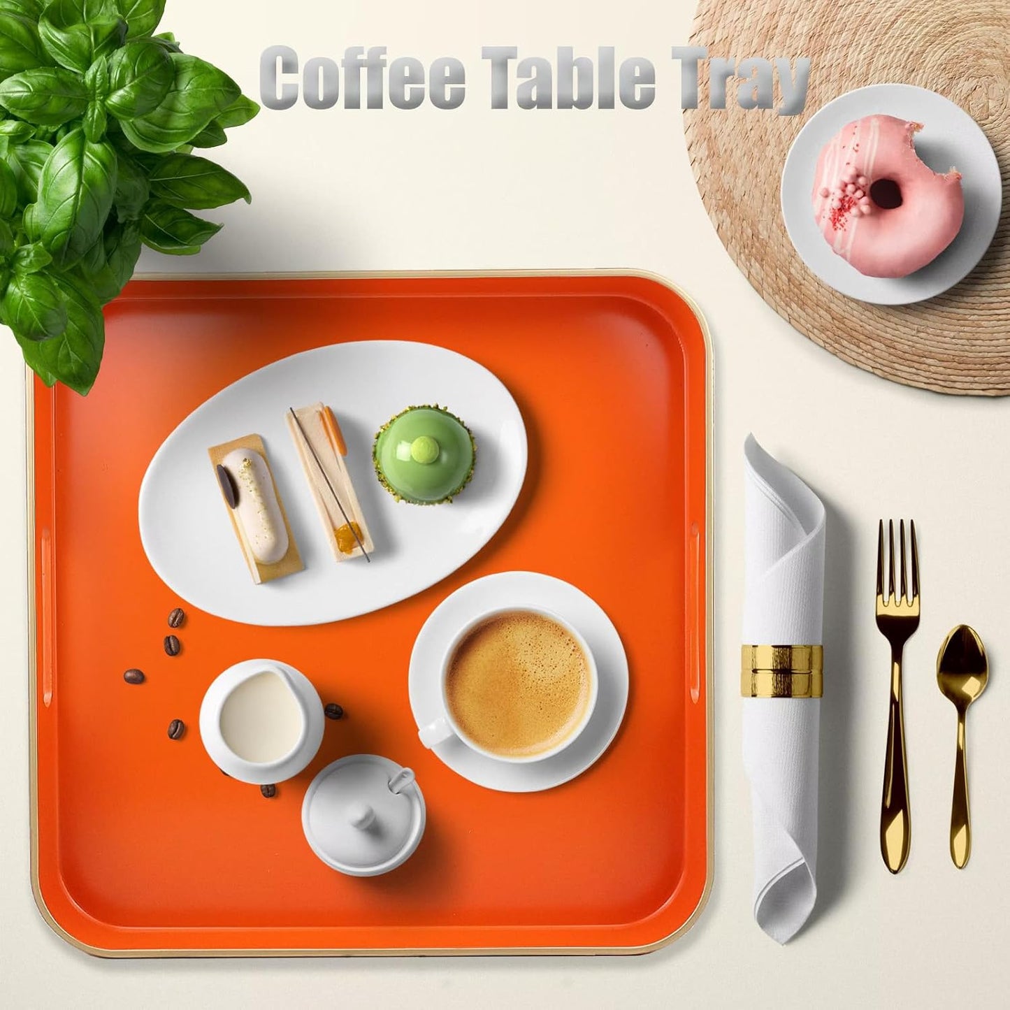 Orange Square Decorative Tray with Handles, 13"*13" Versatile Serving Tray for Coffee Table, Ottoman, Ideal for Serving, Displaying, Organizing