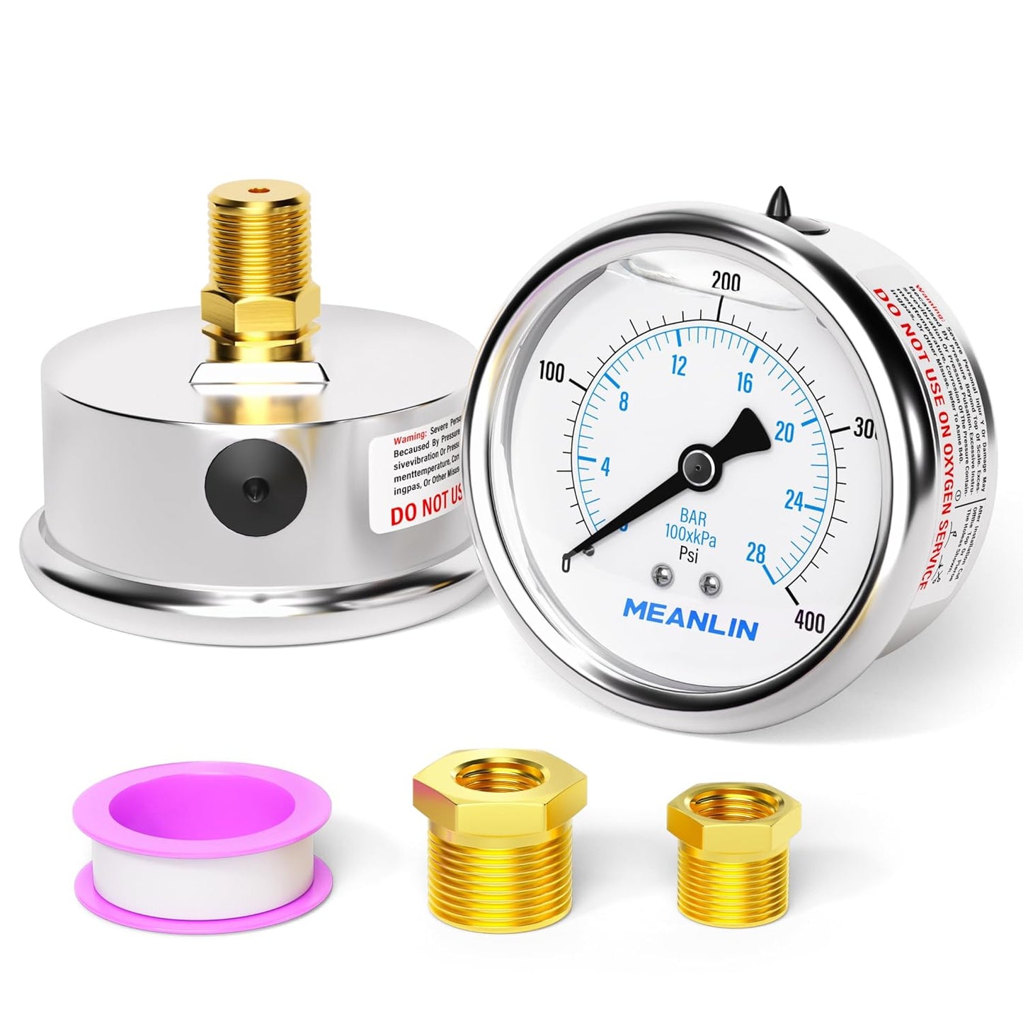 MEANLIN MEASURE 0~400Psi Stainless Steel 1/4" NPT 2.5" FACE DIAL Liquid Filled Pressure Gauge WOG Water Oil Air Center Back Mount, with 1/4" x 1/2" NPT and 1/4" x 3/8" NPT Hex Bushing