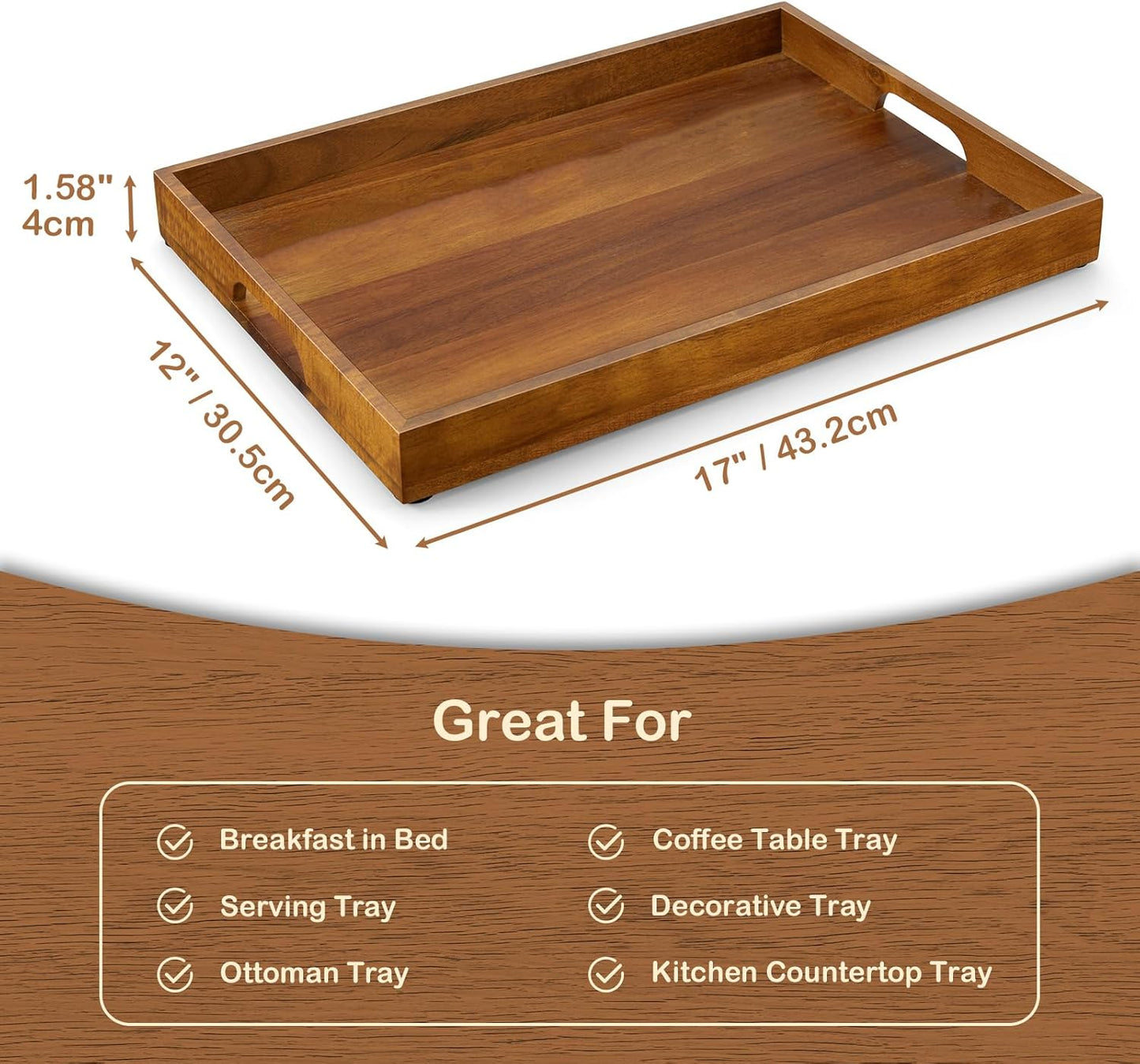 17 Inch Acacia Wood Serving Tray with Handles, Large Wooden Tray for Ottoman, Breakfast in Bed, Coffee Table, Dinner, Perfect for Living Room Bedroom Entryway and Kitchen