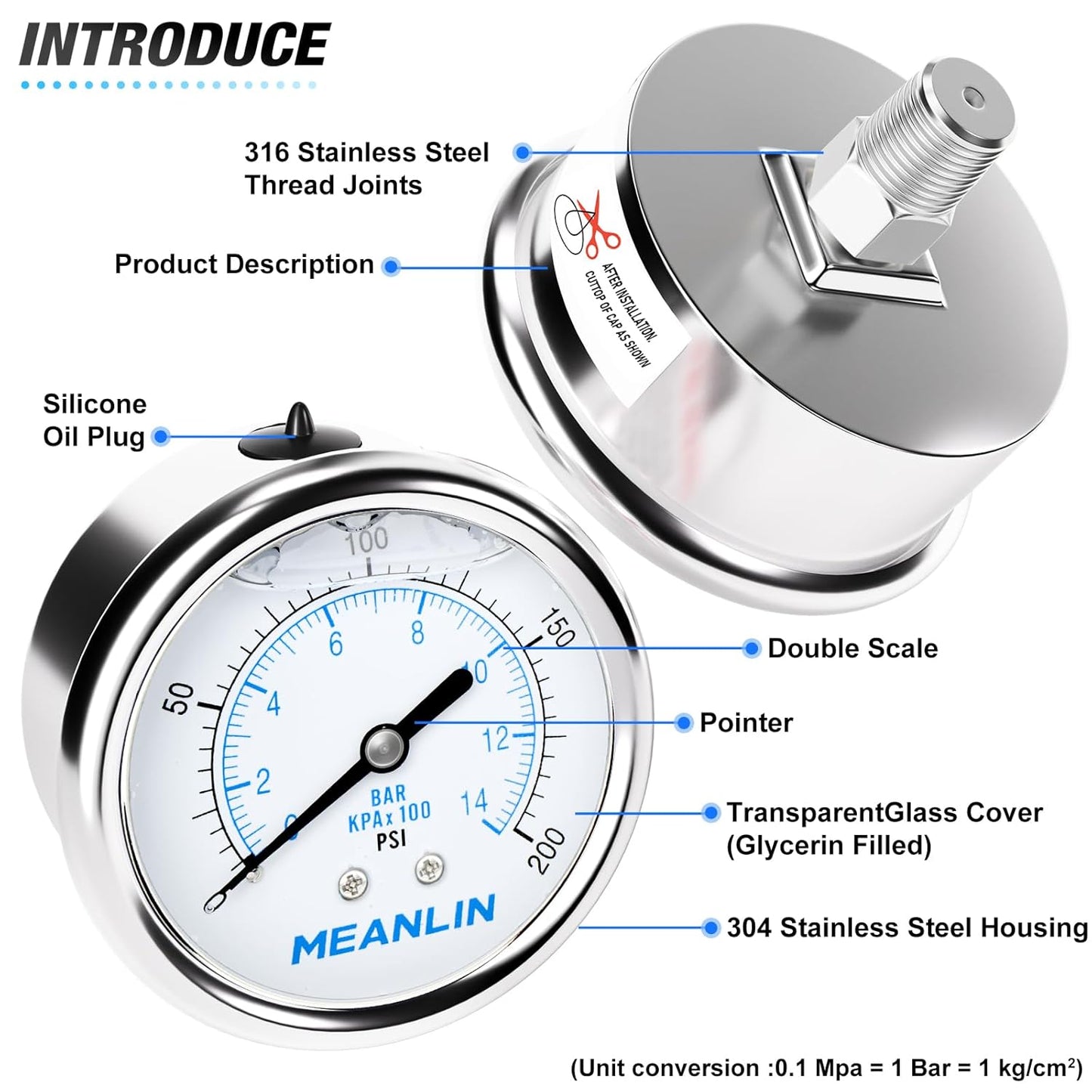 MEANLIN MEASURE 0~200Psi Liquid Filled Pressure Gauge Stainless Steel with 316 Stainless Steel Joint 1/4" NPT 2.5" FACE DIAL for Air Compressor Air Regulator Water Filter Center Back Mount