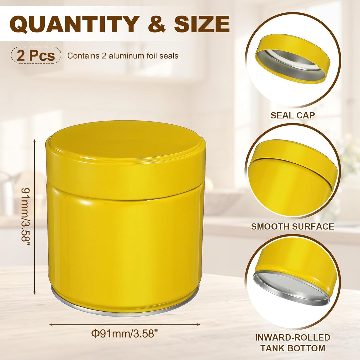 uxcell 2Pcs Round Tea Canisters, 4" x 4" Airtight Metal Tea Containers for Loose Tea, Coffee Beans, Spices - Durable, Compact, and Stylish Storage Tea Tin (Yellow)