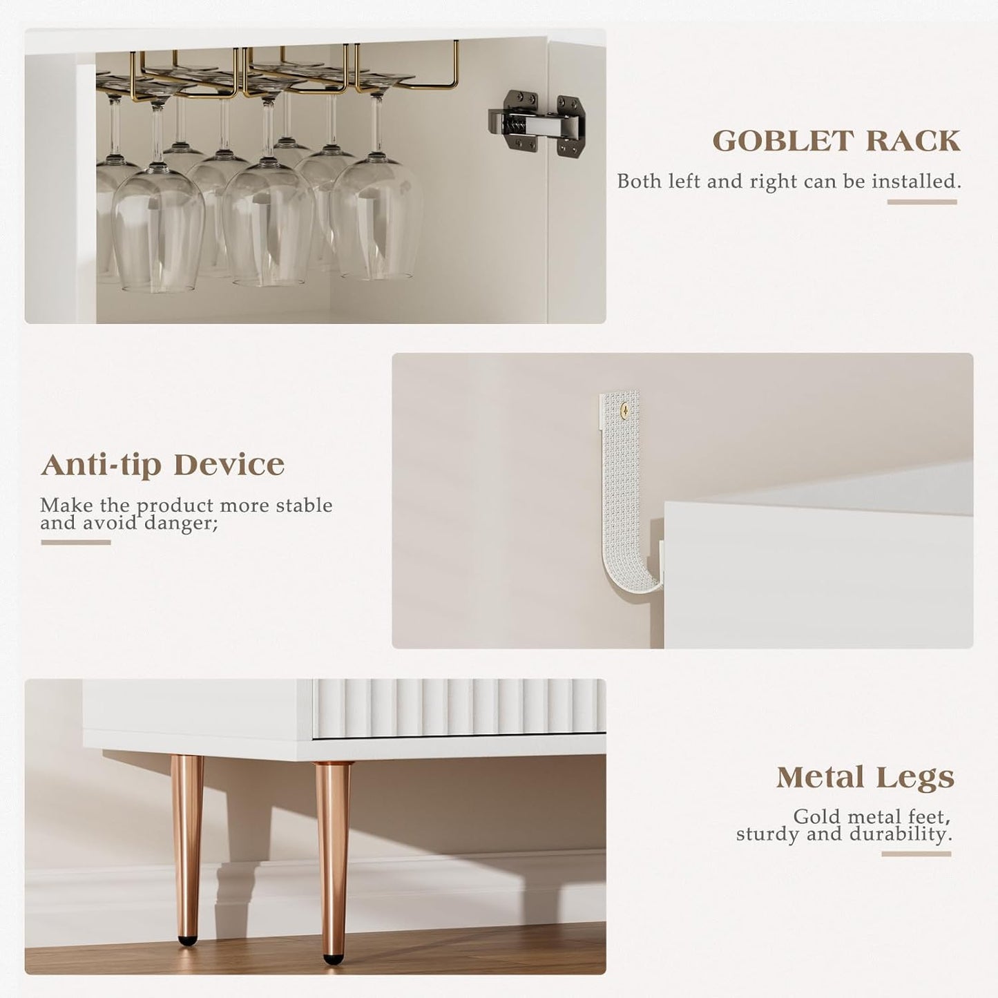 EOYUTLLY Coffee Bar Cabinet with Wine Rack & Glass Holder, Kitchen Sideboard Buffet Cabinet with Storage,Wine Bar Cabinet with Fluted Doors for Living Room Dining Room,White