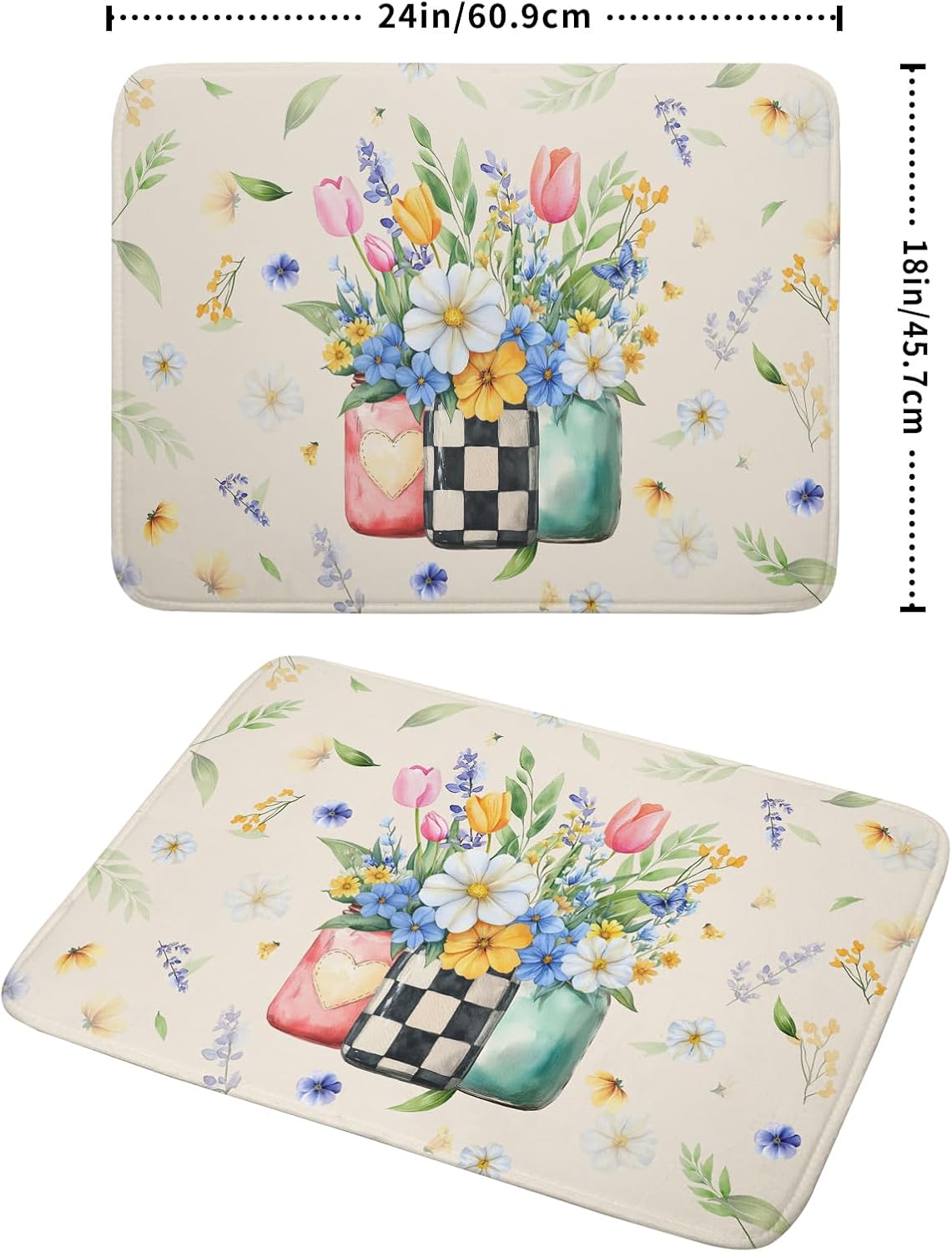 Giwawa Spring Flower Vases Dish Drying Mat for Countertop, 18"x24" Watercolor Floral Mason Jar Dish Drainer Mats, Wildflower Botanical Fast Dry Microfiber Large Dish Drying Pad Decoration