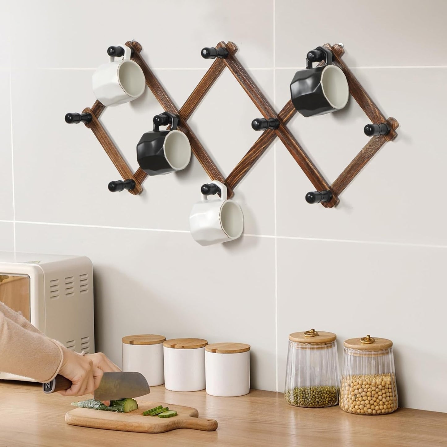 WGFKVAS 2 Pack Accordion Hat Rack for Wall - Expandable Coat Rack & Wall Mounted Hat Holder - Wooden Wall Hanger with 10 Peg Hooks for Coats, Baseball Caps, Keys & Mugs