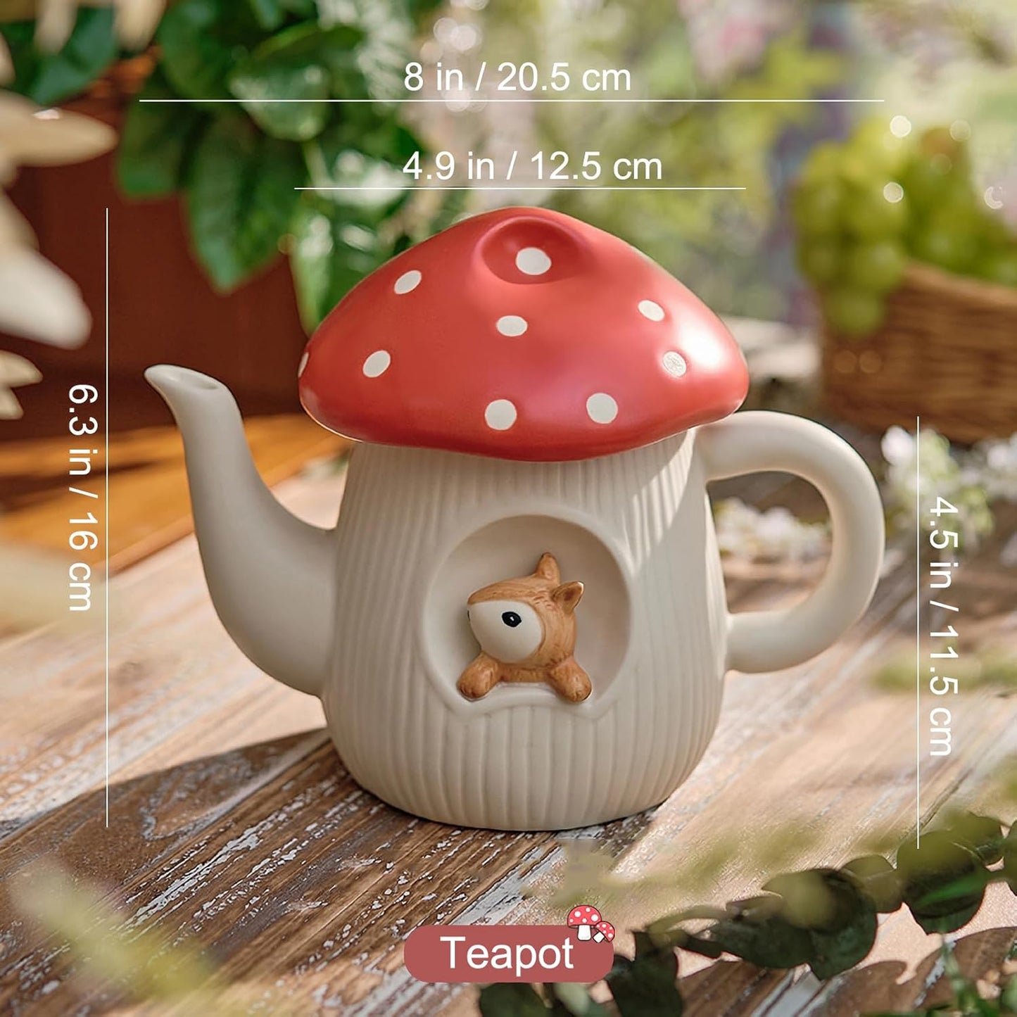 Cute Mushroom Teapot, Handmade Glaze Polka Dot Lid, Safety Matt Ceramic Tea Pot, With squirrel decoration. 23 oz / 680 ml. Best Gifts for Women & Girls.