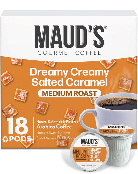Maud's Salted Caramel Flavored Coffee Pods, 18 ct, Medium Roast Flavored Coffee in Recyclable Single Serve Pods – 100% Arabica Beans, Compatible with Keurig K Cups Maker