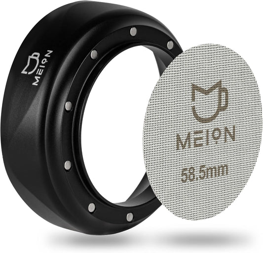 MEION 58mm Espresso Dosing Funnel and 58.5mm Puck Screen Set for 58mm Portafilters, Magnetic Coffee Portafilter Funnel, Reusable Espresso Puck Screen, Espresso Tools Espresso Accessories (58mm, Black)