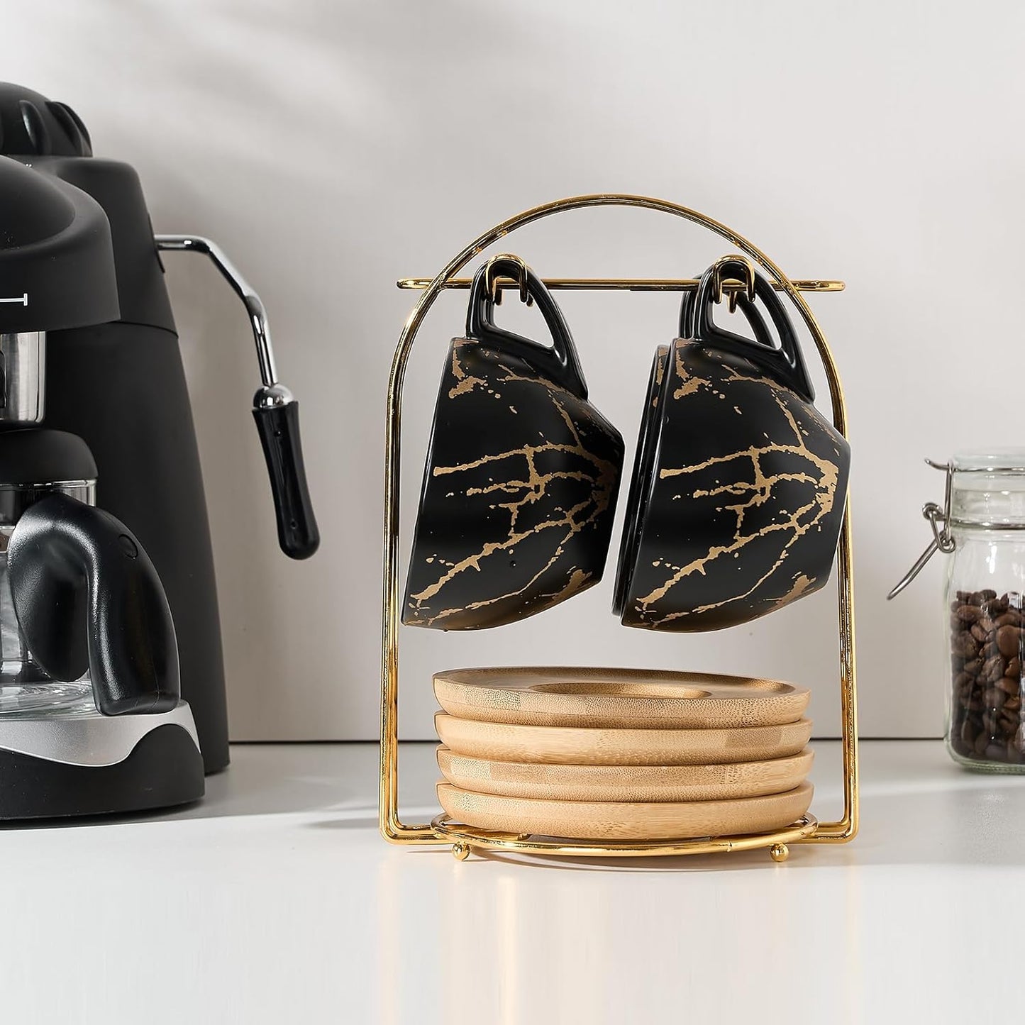 LUKA Ceramic Demitasse Espresso Cups Set with Saucers and Metal Stand, 8 oz Porcelain Stackable Cappuccino Cups Teacup For Tea, Espresso, Latte, Coffee, Cafe Mocha, Set of 4, Black