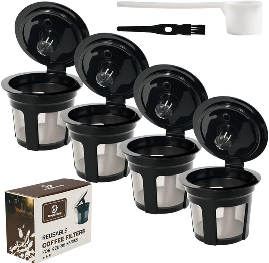 4-Pack Roogaluckeep Reusable K Cup for Keurig, Black BPA Free Refillable K-Cup Pod Coffee Filters, Universal Fit Refillable Coffee Filters for 1.0 and 2.0 Keurig Coffee Makers