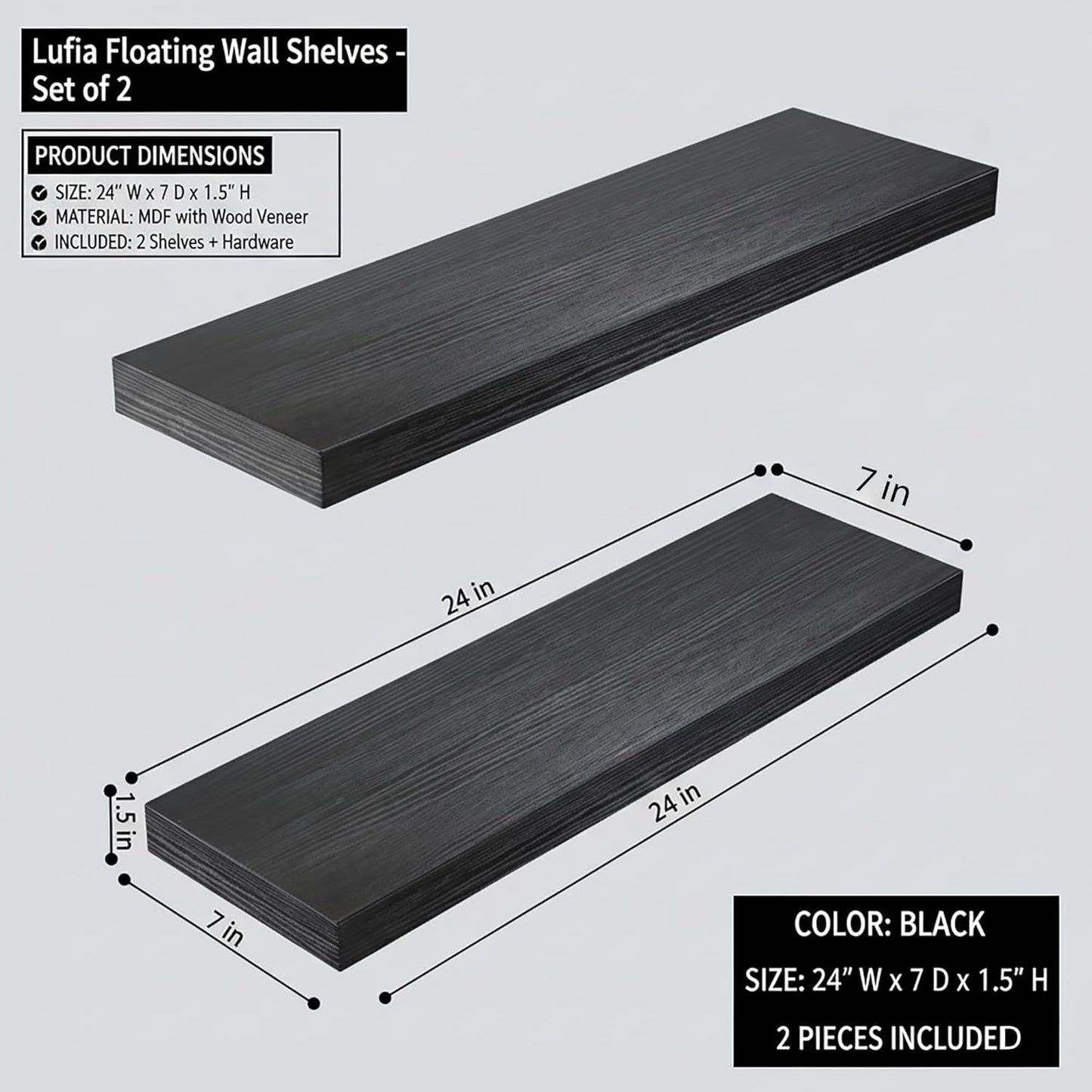 Lufia Floating Wall Shelves, Set of 2, MDF with Invisible Brackets, Modern Storage for Bedroom, Bathroom, Living Room, Kitchen (Black, 24" W x 7" D x 1.5" H)