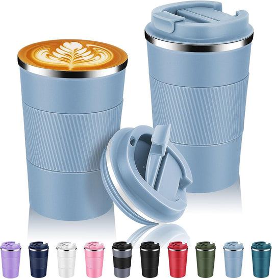 Volhoply 13 oz Stainless Steel Insulated Travel Coffee Mug with Fip Lid Bulk 2 Pack,Reusable Double Wall Vacuum Metal Coffee Cup,Portable Leak Proof Thermal Tumbler for Hot & Cold Drinks(Fog,2)