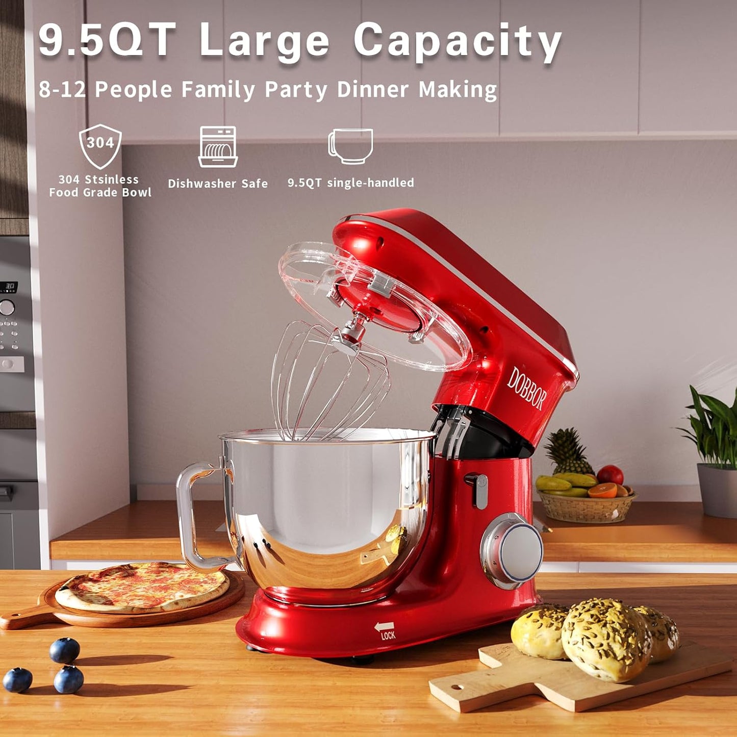 DOBBOR Electric Stand mixer, 9.5QT 660W 7 Speeds Tilt-Head Dough Mixers, Bread Mixer with Dough Hook, Whisk, Beater, Splash Guard for Baking Bread, Cake, Cookie, Pizza, Muffin, Salad and More - Red