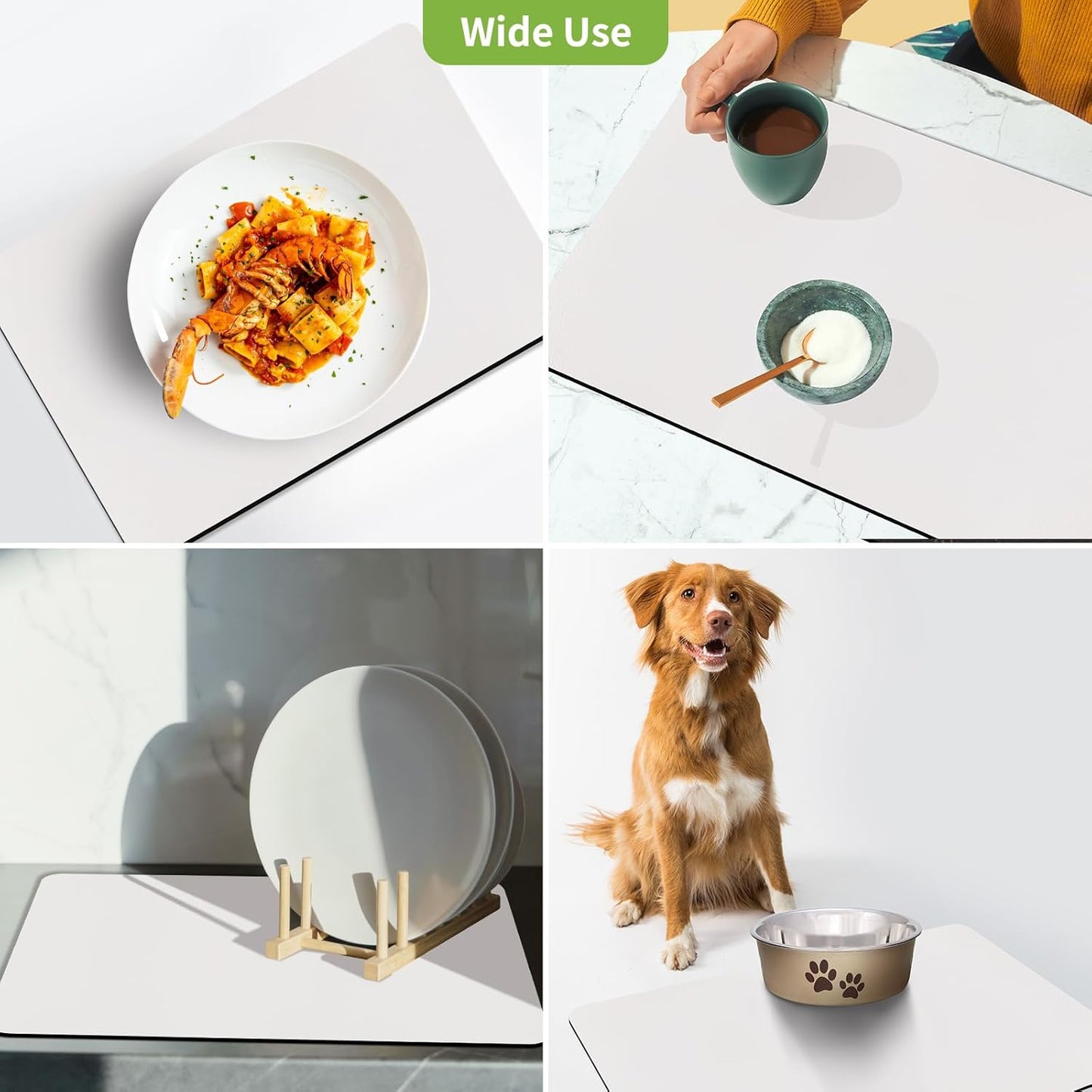 Matace Designer Coffee Bar Mat, Large 16 x 24 Inches, Rubber Backing, Absorbent Coffee Maker Mats for Dish Drying, Kitchen Countertop, Heat Resistant, Solid White